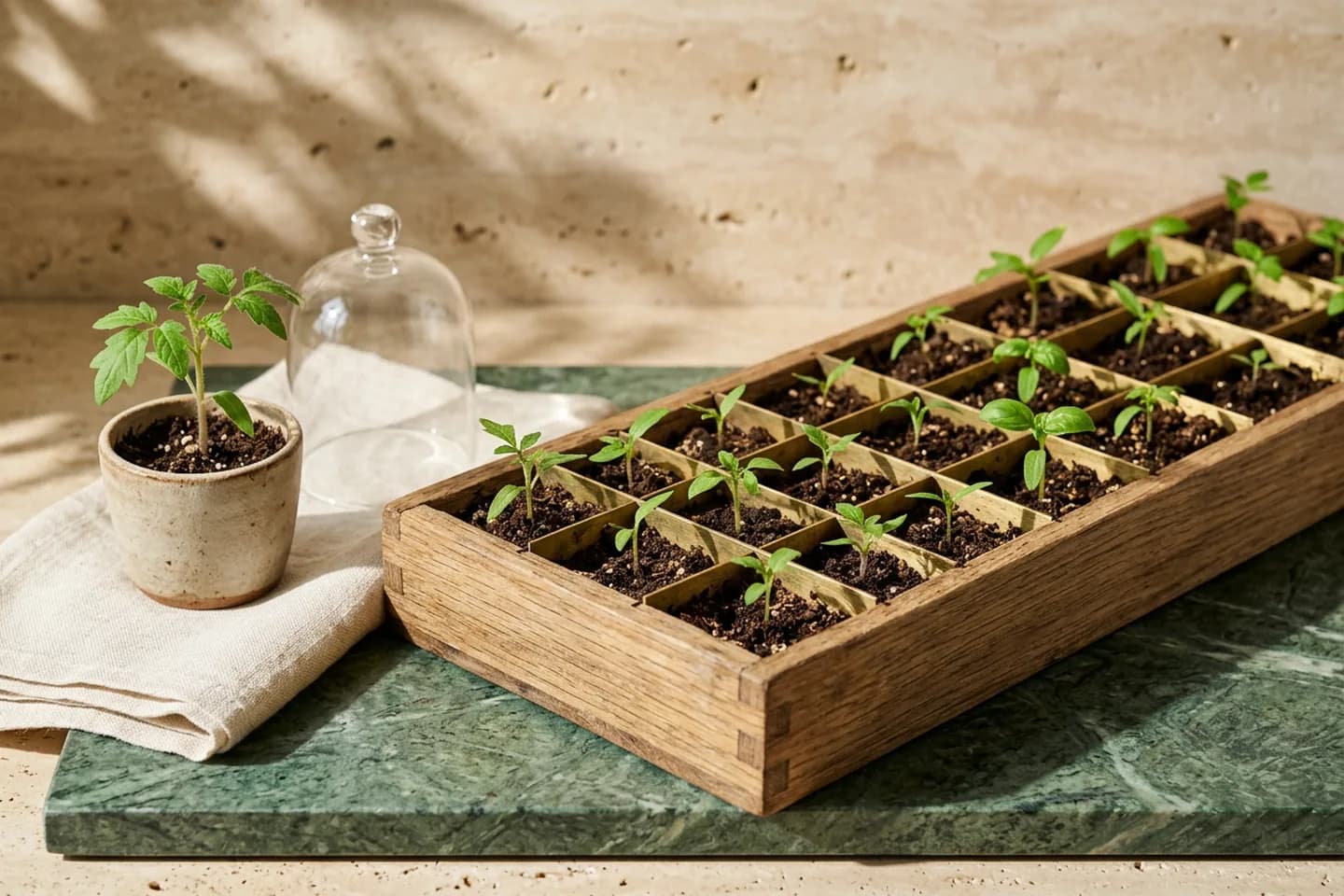 A divided oak seed tray with brass dividers and many seedlings beside a single ceramic pot with one seedling on ivory linen and green marble.