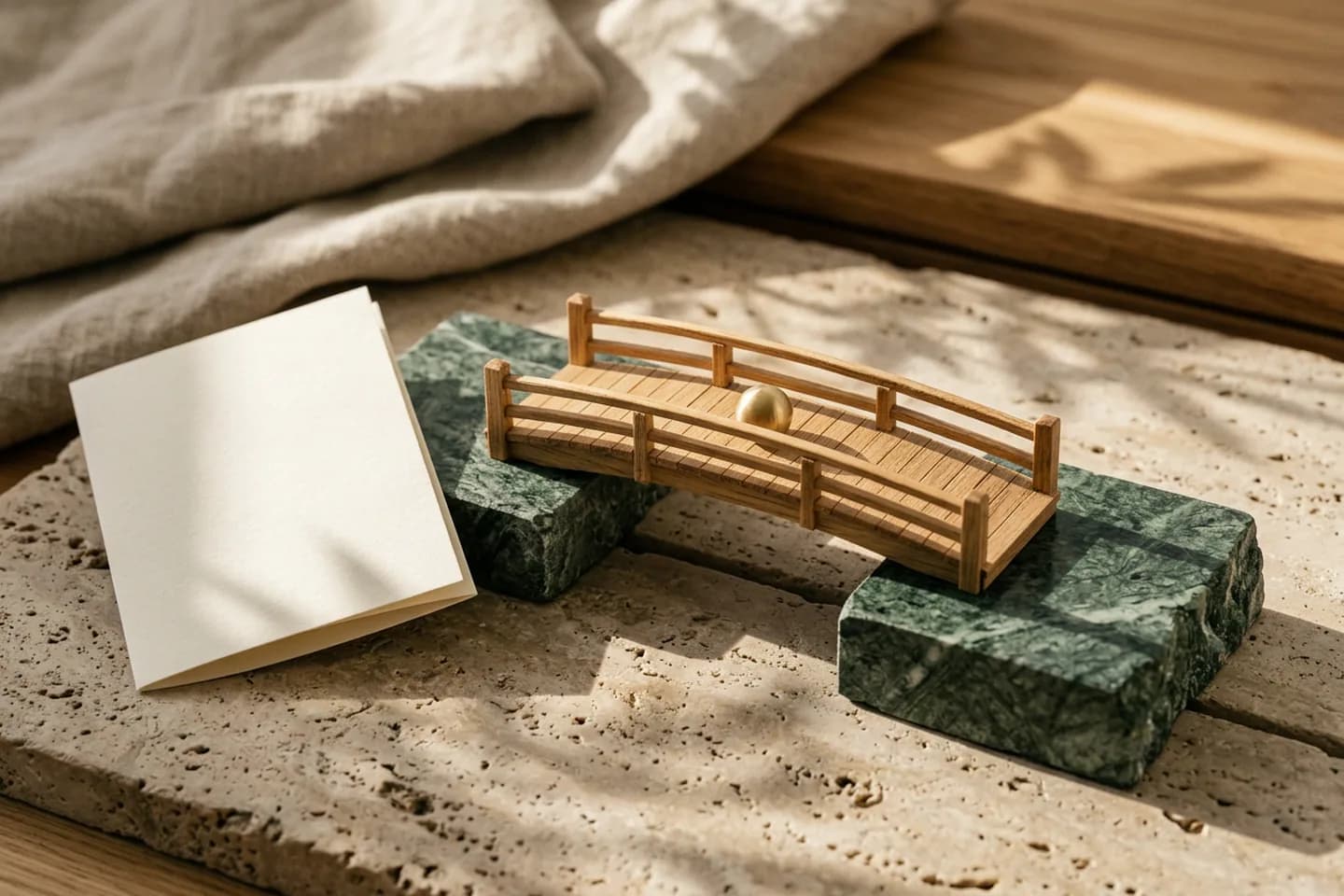 An oak model footbridge crossing a gap between two green marble blocks with a brass bead at its centre and a folded blank sheet of ivory paper beside it.