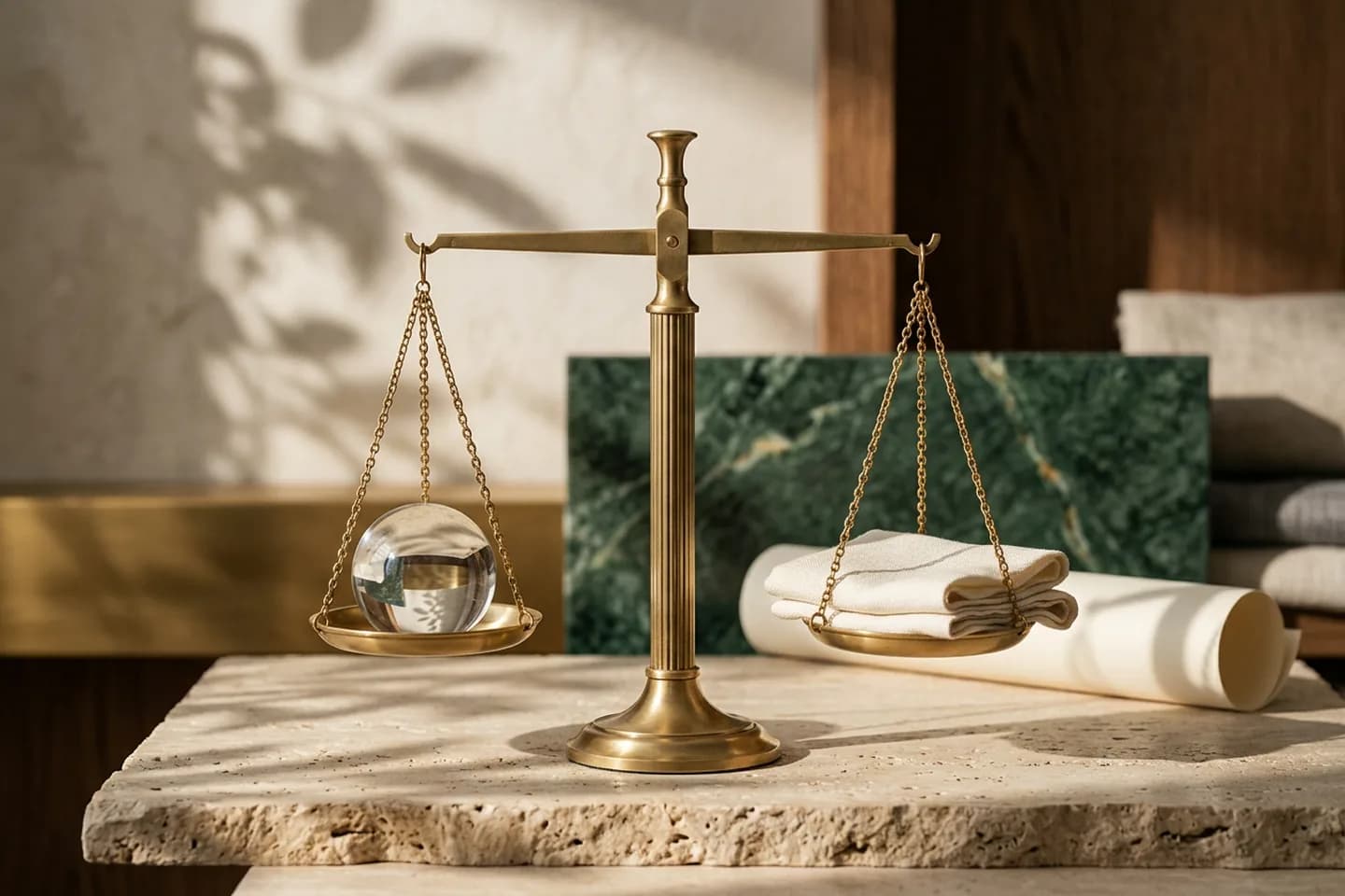 A level brass balance scale on a travertine slab holding a clear glass sphere on one pan and a folded ivory linen cloth on the other, with green marble behind.