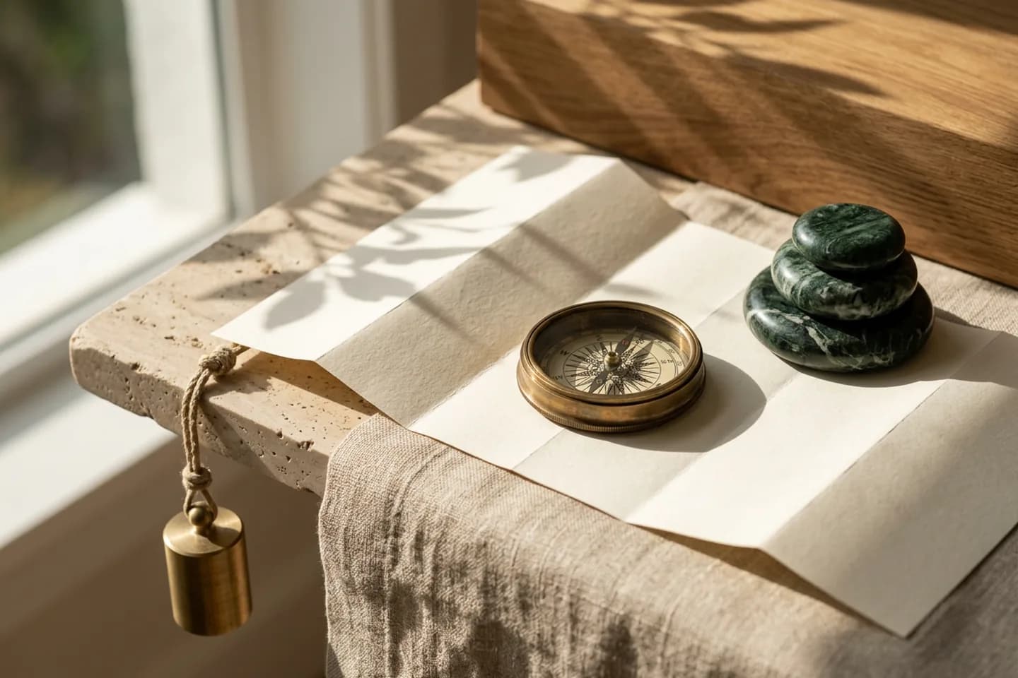 Uma bússola de latão sobre um mapa marfim dobrado e em branco, apoiado em linho, ao lado de uma pequena pilha de pedras de mármore verde e de um prumo de latão suspenso, sob luz solar quente.