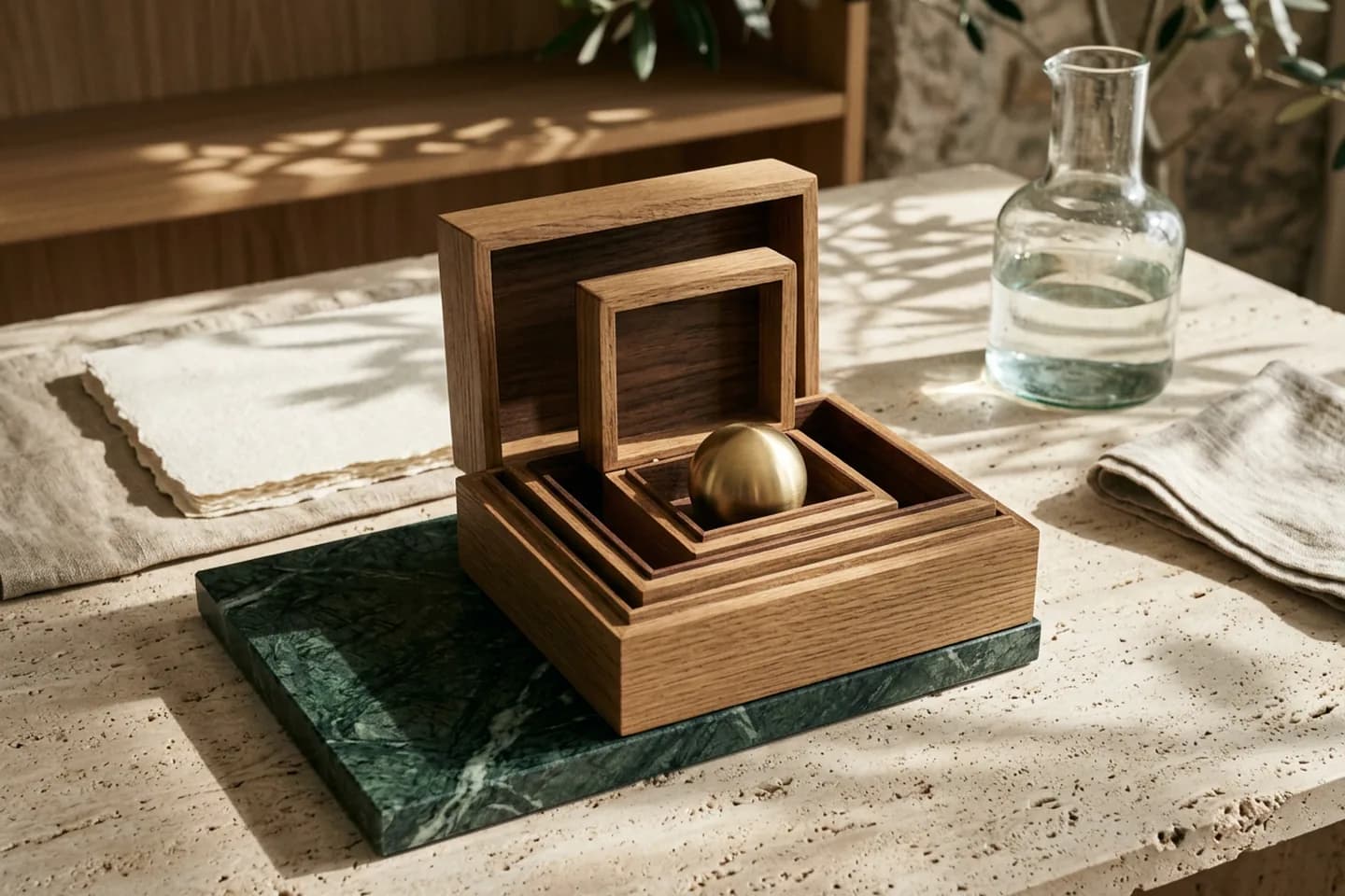 Três caixas de carvalho encaixadas e abertas sobre uma mesa de travertino, a menor guardando uma esfera de latão, ao lado de uma jarra de vidro e de um pano de linho dobrado, sob luz solar quente.