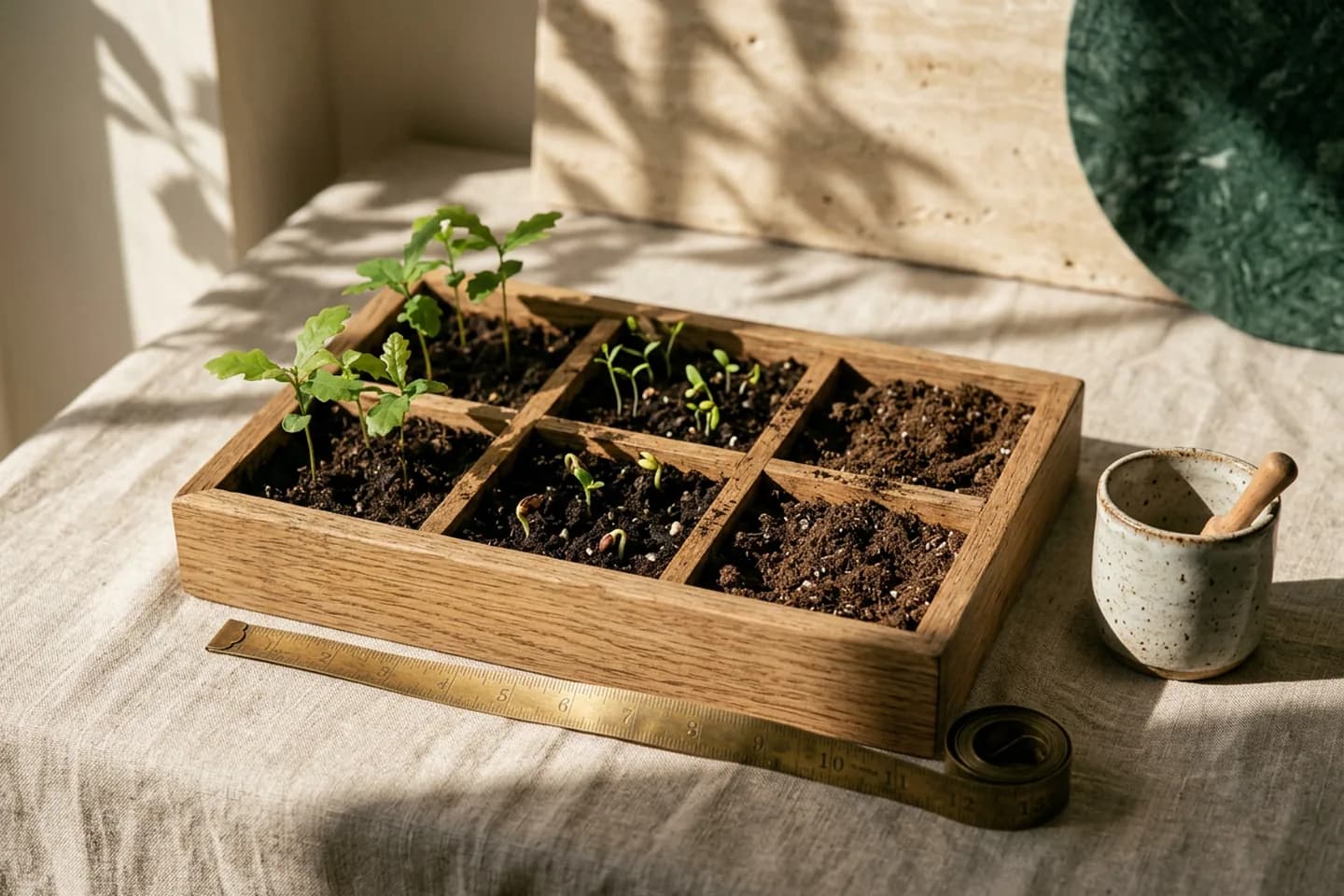 An oak seed tray with seedlings of decreasing height and empty compartments, a brass measuring tape along its edge, on linen in warm sunlight.