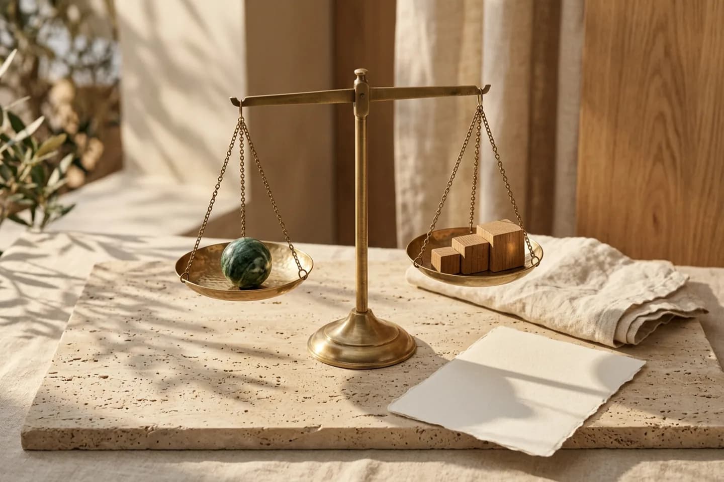 A brass balance scale on travertine with a green marble stone in one pan and graduated oak blocks in the other, in warm sunlight.