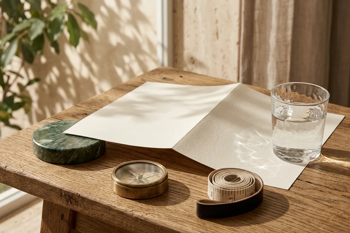 A blank folded paper map on an oak table with a brass compass, a rolled linen measuring tape and a green marble paperweight in warm sunlight.
