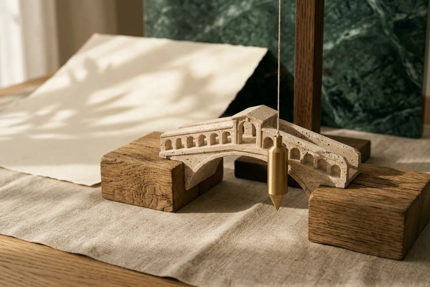 A travertine model of a bridge spanning two oak blocks on linen, with a brass plumb line hanging beside it in warm sunlight.