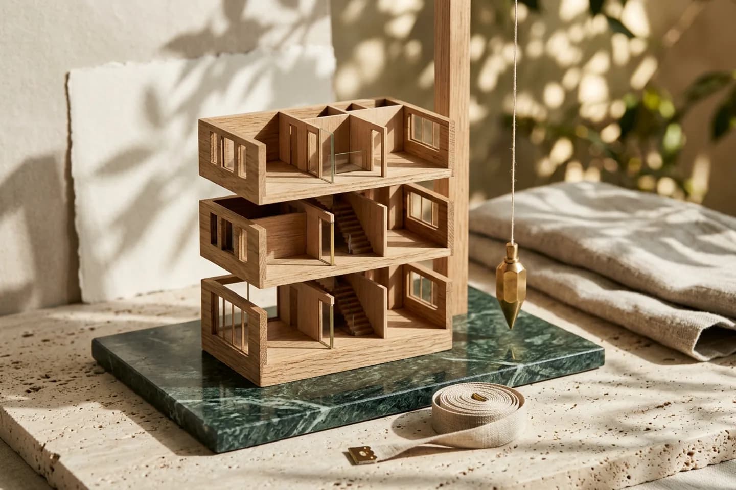 An oak architectural model with its floors lifted apart on a green marble slab, beside a brass plumb line and a coiled linen measuring tape.