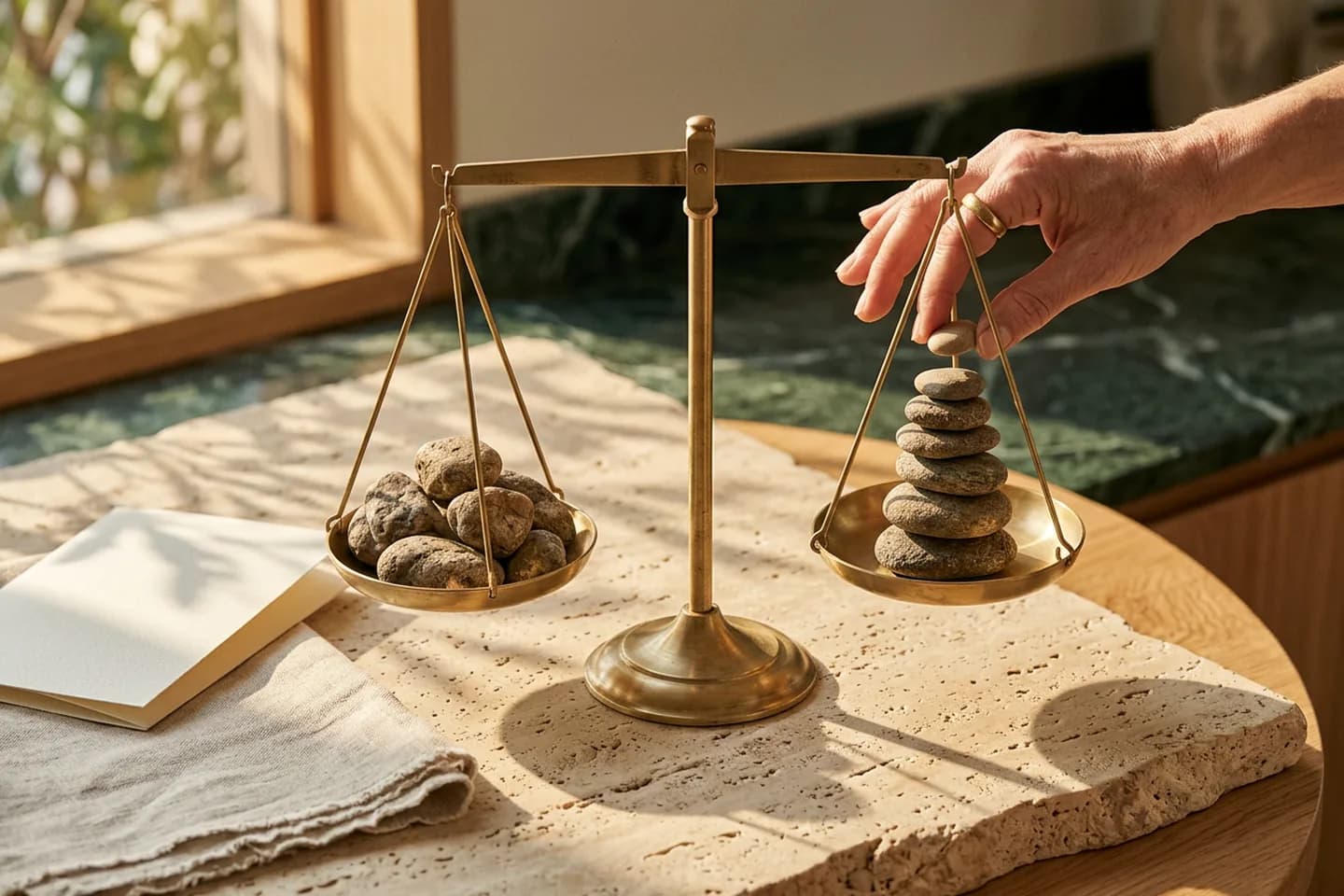 A brass balance scale on travertine with a loose pile of river stones on one pan and a neat stack of stones on the other, beam almost level.