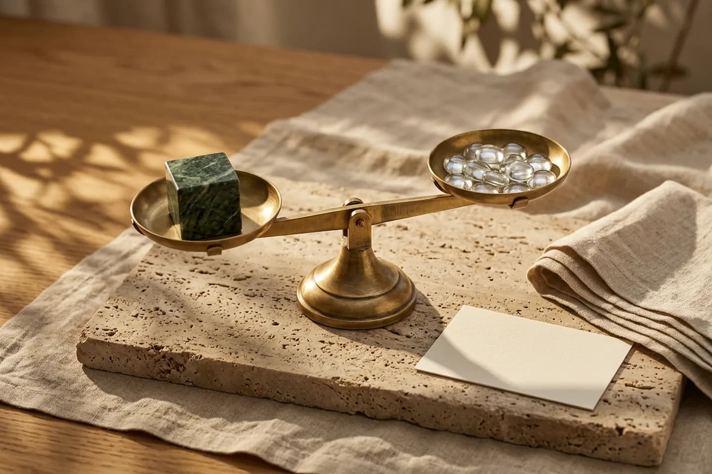 A level brass balance scale with a green marble block on one pan and glass pebbles on the other, resting on travertine.