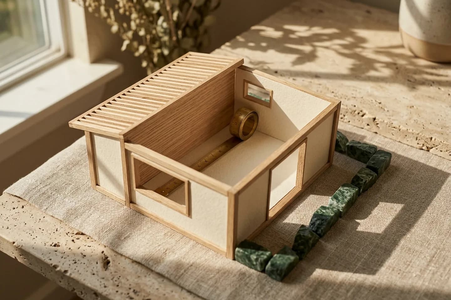 A small oak and ivory paper room model with a brass measuring tape along one wall and green marble stones placed outside its walls on linen.