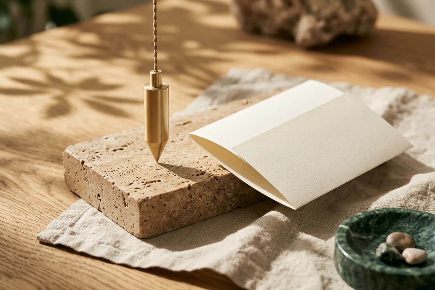 A brass plumb line hanging over a travertine block next to a folded sheet of blank ivory paper on an oak table in warm sunlight.