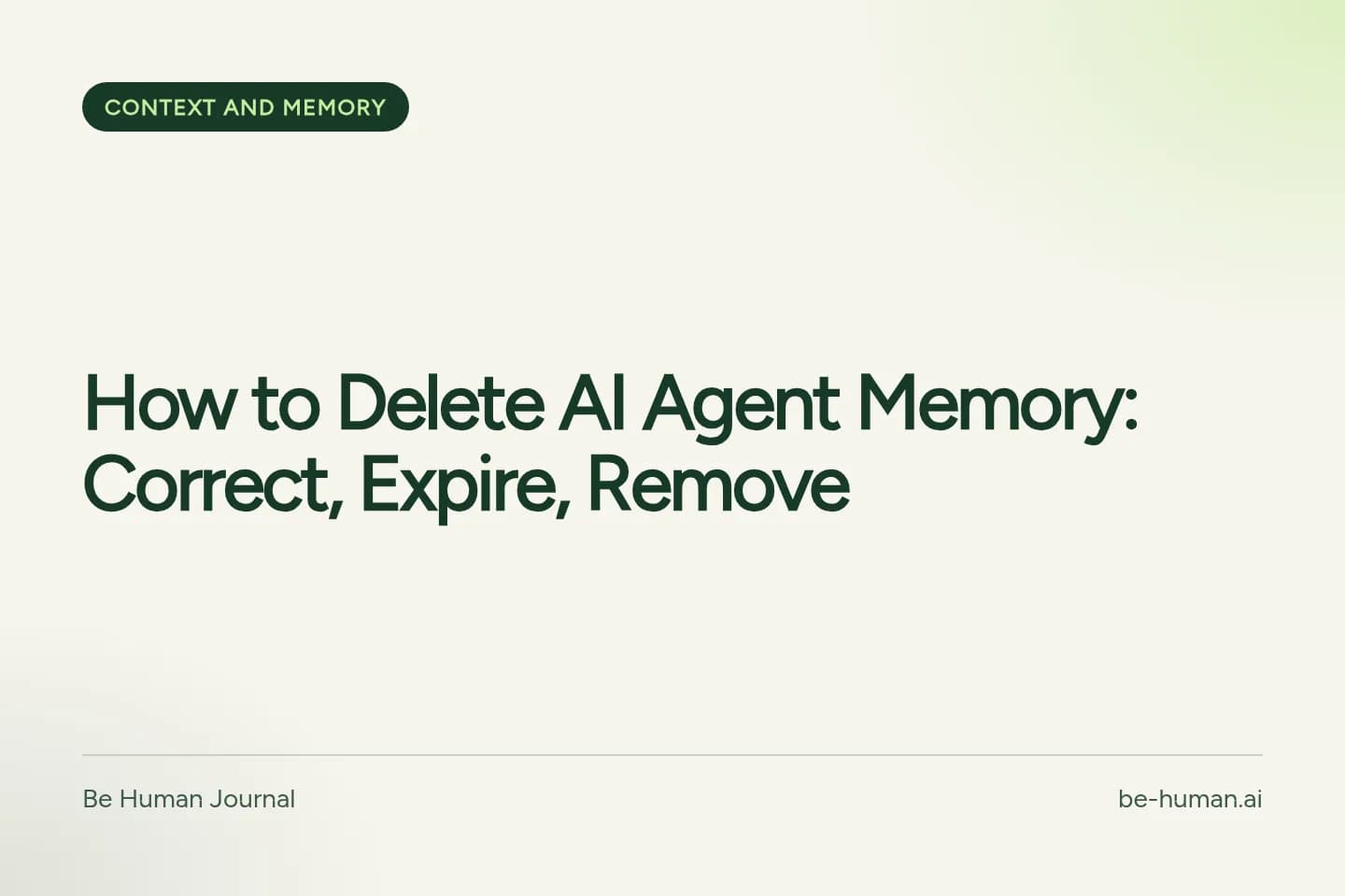 Be Human typographic cover with the title: How to Delete AI Agent Memory: Correct, Expire, Remove