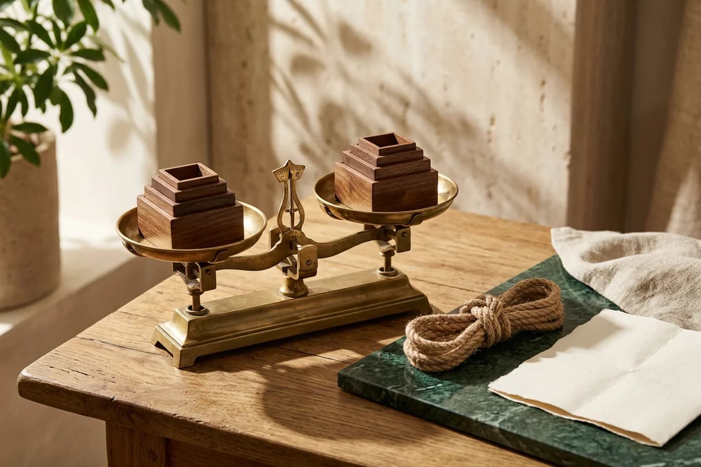 Brass balance scales holding two identical sets of nested wooden boxes on an oak table, with a coiled knotted rope and a blank folded map beside them.