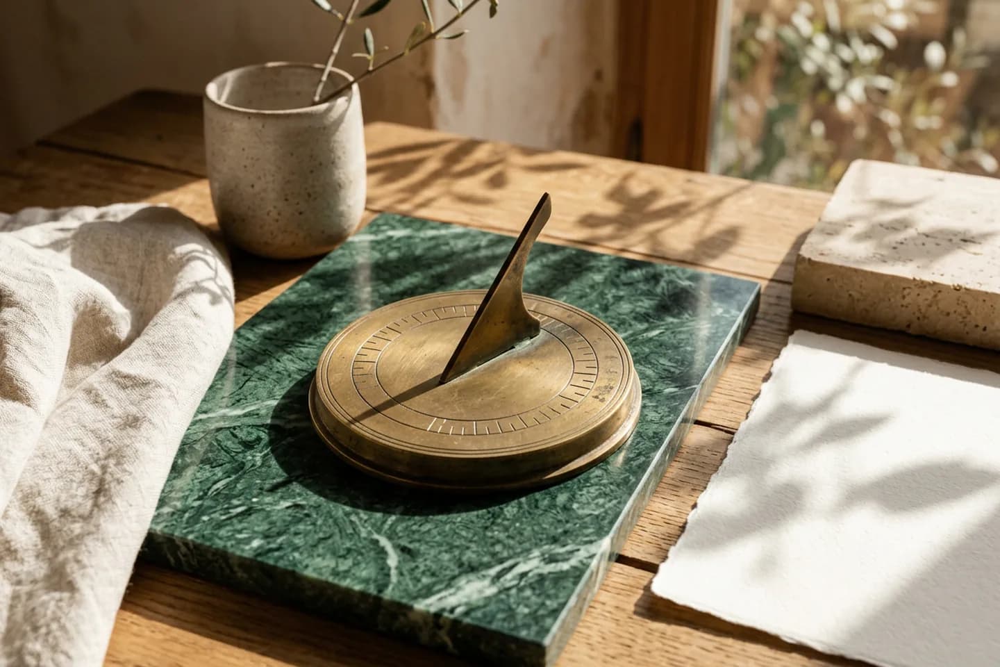 A brass sundial on a green marble slab casting a long shadow, with a ceramic vessel, linen cloth and blank ivory paper on an oak table.