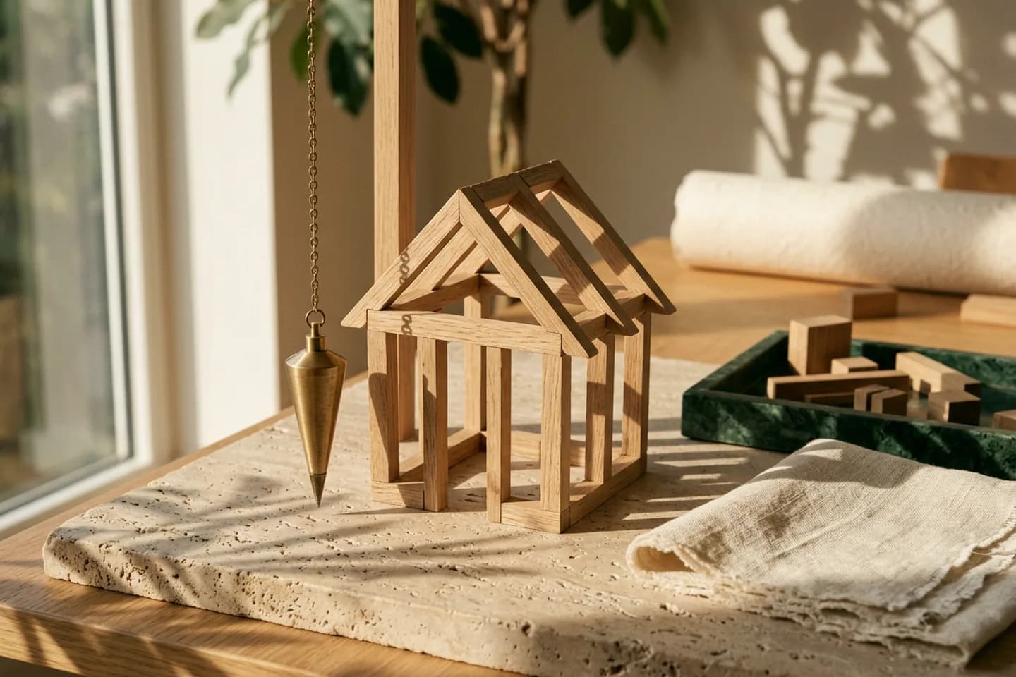 An assembled oak block model of a house frame on a travertine slab with a brass plumb line hanging beside it and spare blocks on a green marble tray.