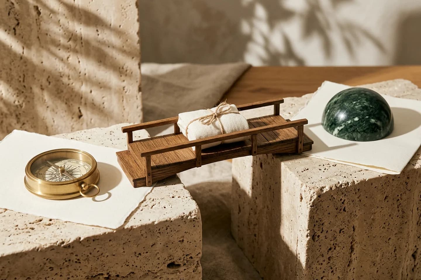 A small oak bridge model connecting two travertine blocks, with a linen-wrapped bundle on the span and a brass compass nearby.