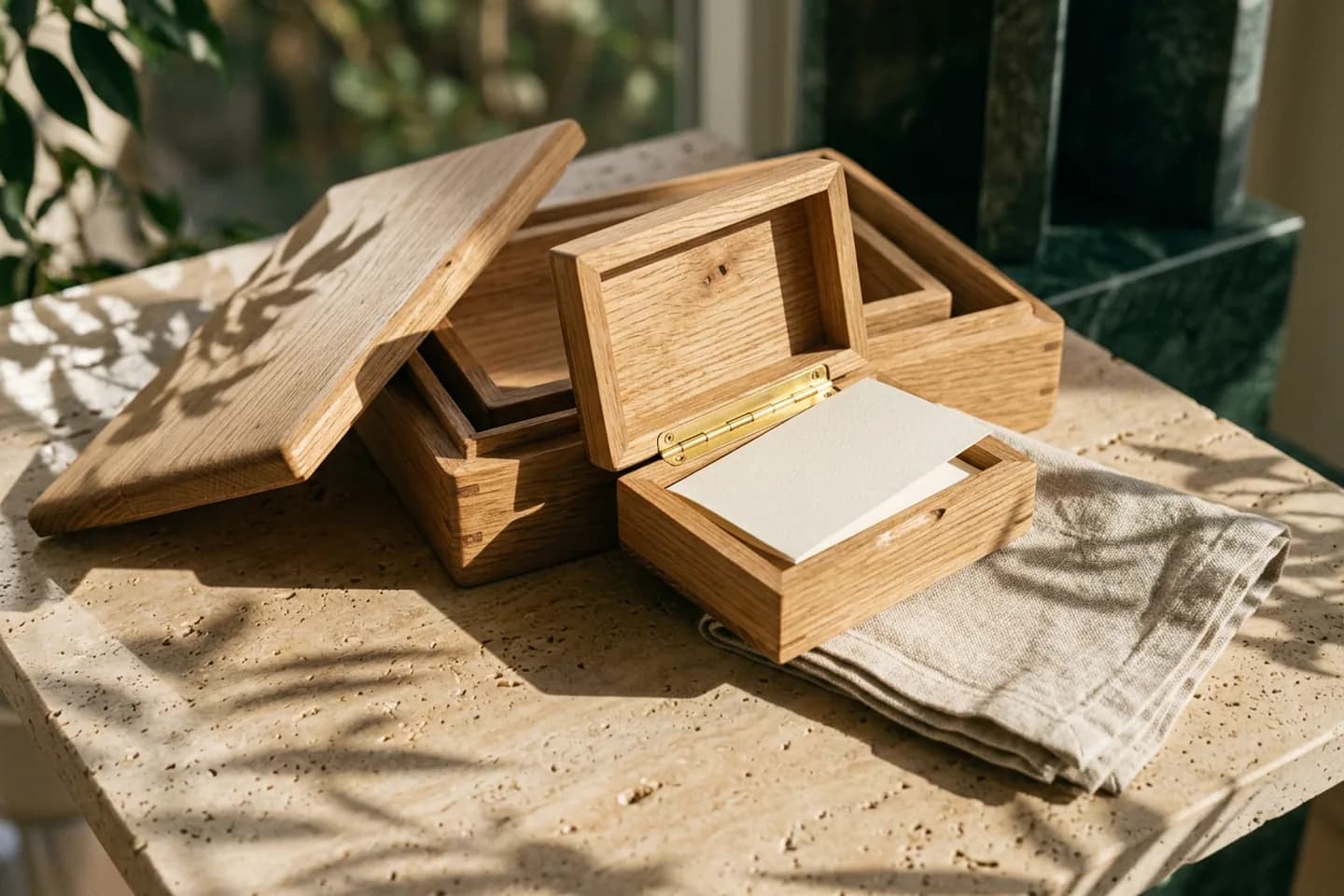 Nested oak boxes on a travertine surface with the innermost box open, showing a blank folded sheet of ivory paper.