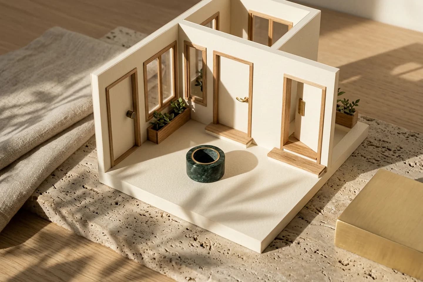 A paper and oak architectural model of a courtyard with one green marble well in the middle and three doorways of different heights and brass handles around it.