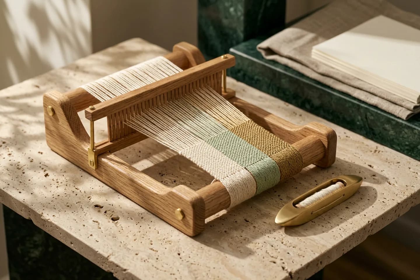 A small oak loom holding one set of ivory linen threads that is woven into three side-by-side bands of ivory, green and brass-colored thread.