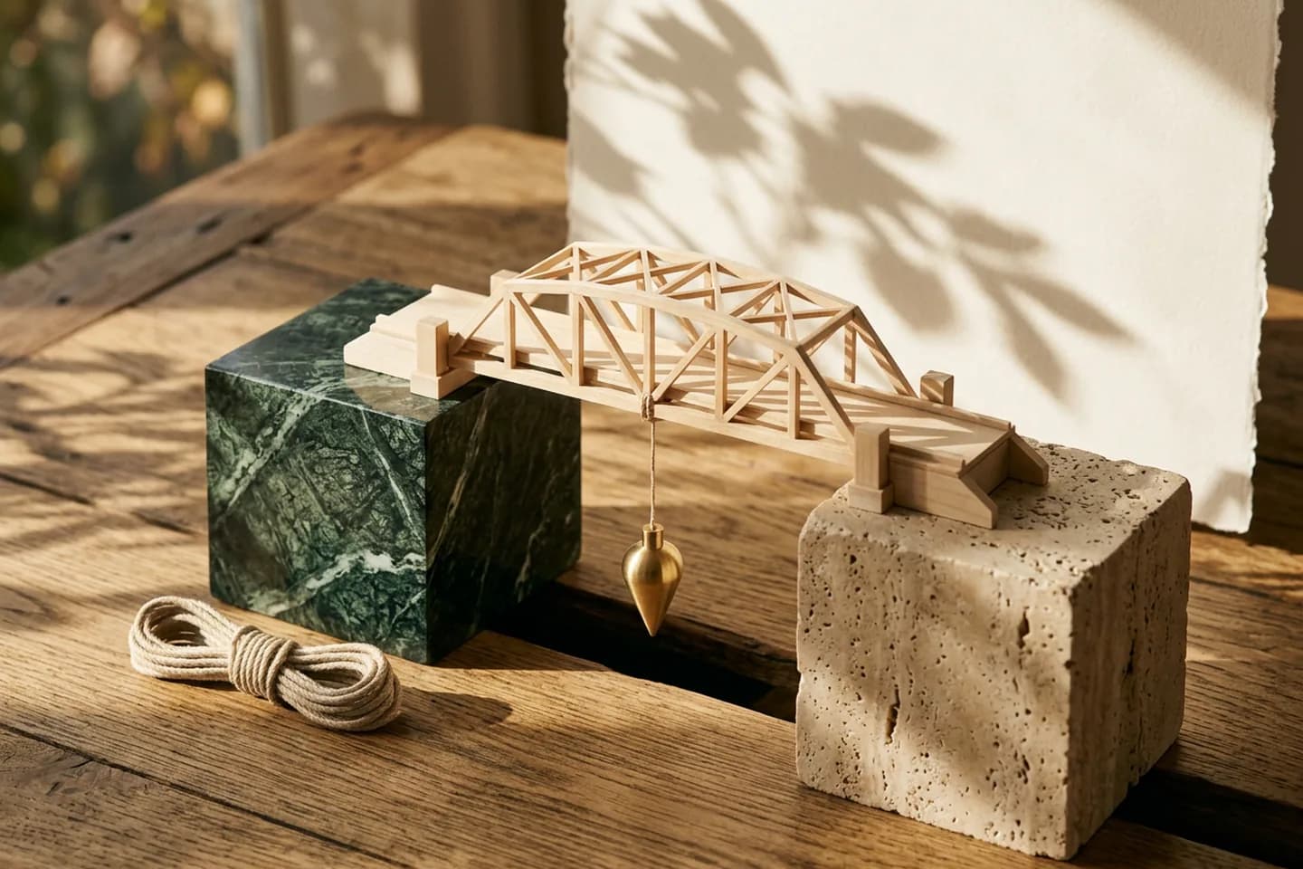 A small wooden bridge model spanning the gap between a green marble block and a travertine block, with a brass plumb line hanging from its centre.