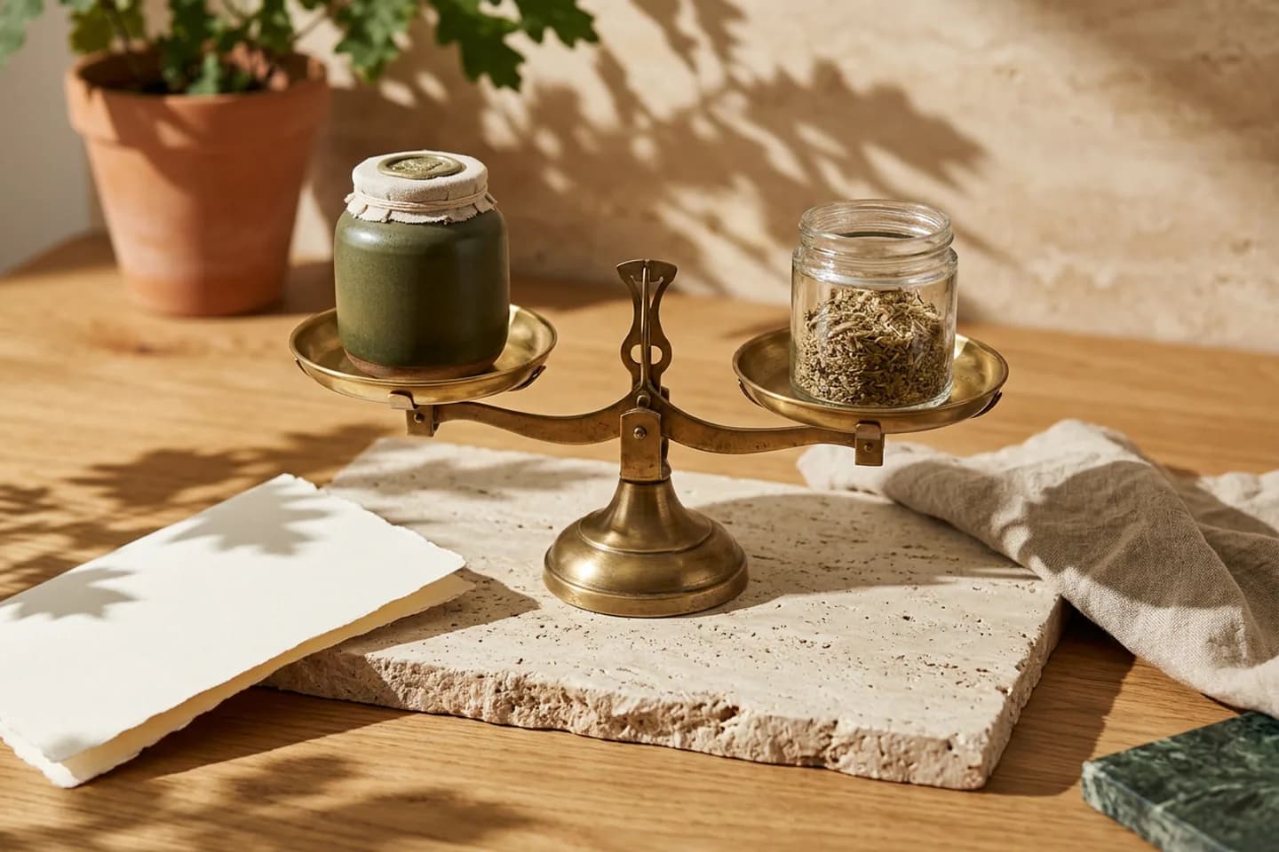 A brass balance scale on a travertine slab with a sealed ceramic vessel in one pan and an open glass jar in the other.