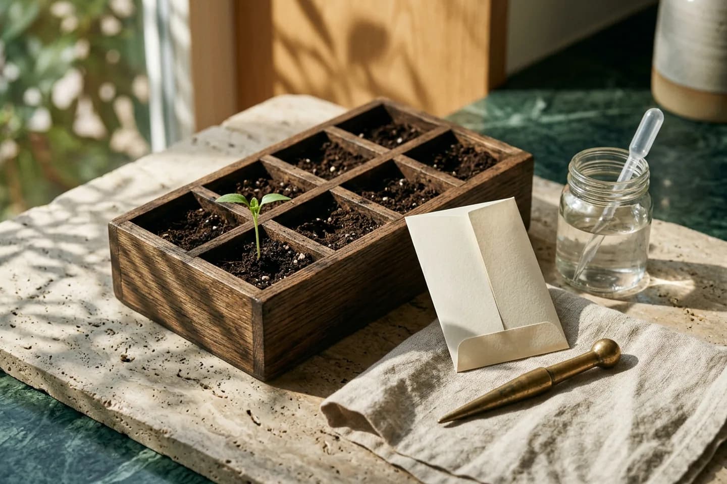 An oak seed tray on a travertine table with one green seedling growing in a single compartment while the others hold bare soil, next to a brass dibber and a glass jar.