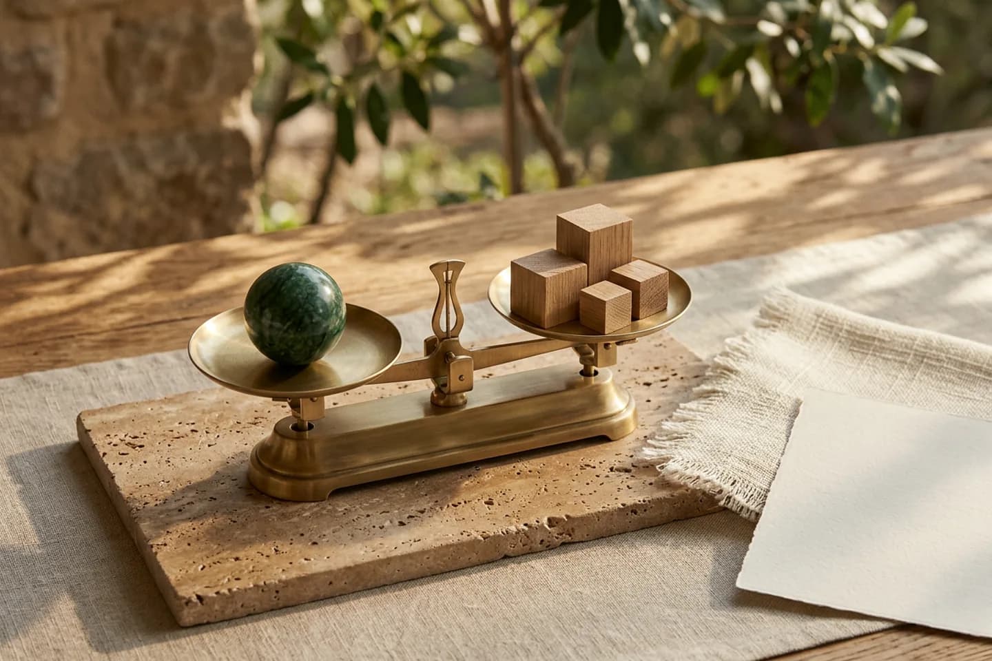 A brass balance scale on a travertine slab, with a green marble sphere in one pan and four small oak blocks in the other, beside folded ivory linen.