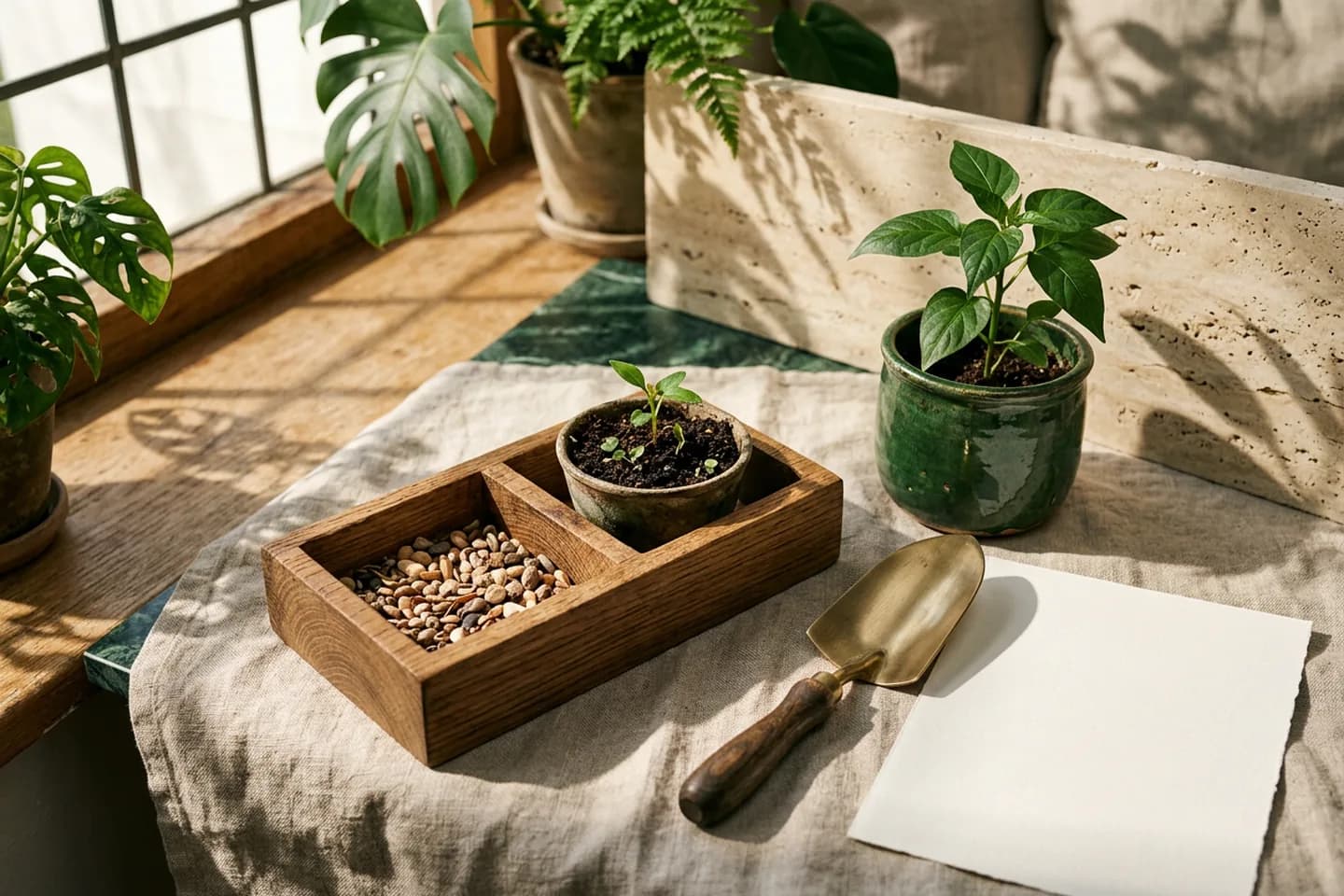 Bandeja de sementes de carvalho com três compartimentos contendo sementes, uma muda pequena e uma planta jovem em um vaso de cerâmica, ao lado de uma pá de latão sobre linho, sob luz solar quente.