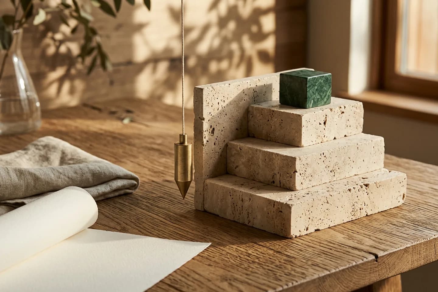 Pequena maquete de travertino com três terraços ascendentes, um bloco de mármore verde no degrau mais alto e um prumo de latão pendurado ao lado, sobre uma mesa de carvalho sob luz solar quente.