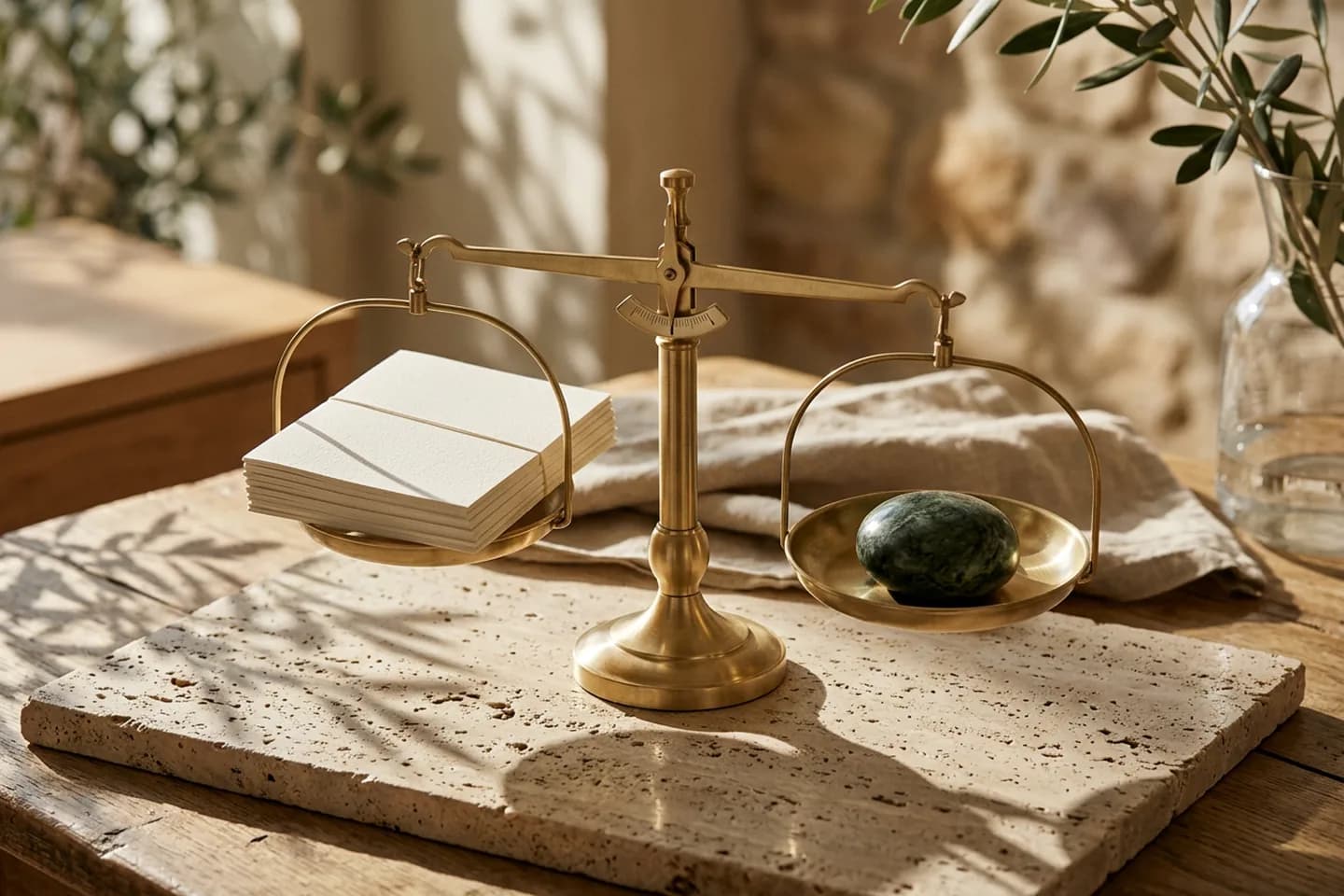 A brass balance scale on a travertine slab with a stack of ivory paper in one pan and a green marble stone in the other.