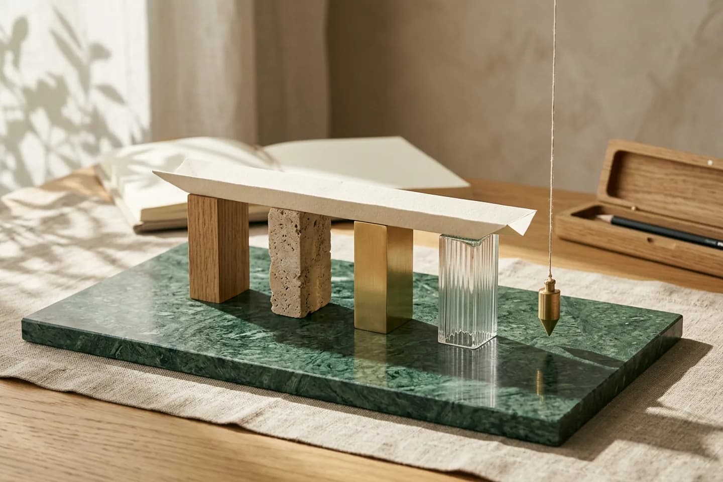Uma ponte em maquete sobre uma placa de mármore verde, com quatro pilares de carvalho, travertino, latão e vidro sustentando um único tabuleiro de papel marfim, com um prumo de latão ao lado.