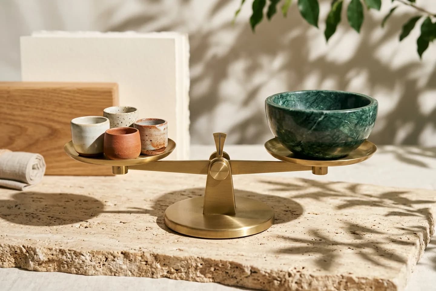 A level brass balance scale with several small ceramic cups in one pan and a single larger green marble bowl in the other, on a travertine surface.