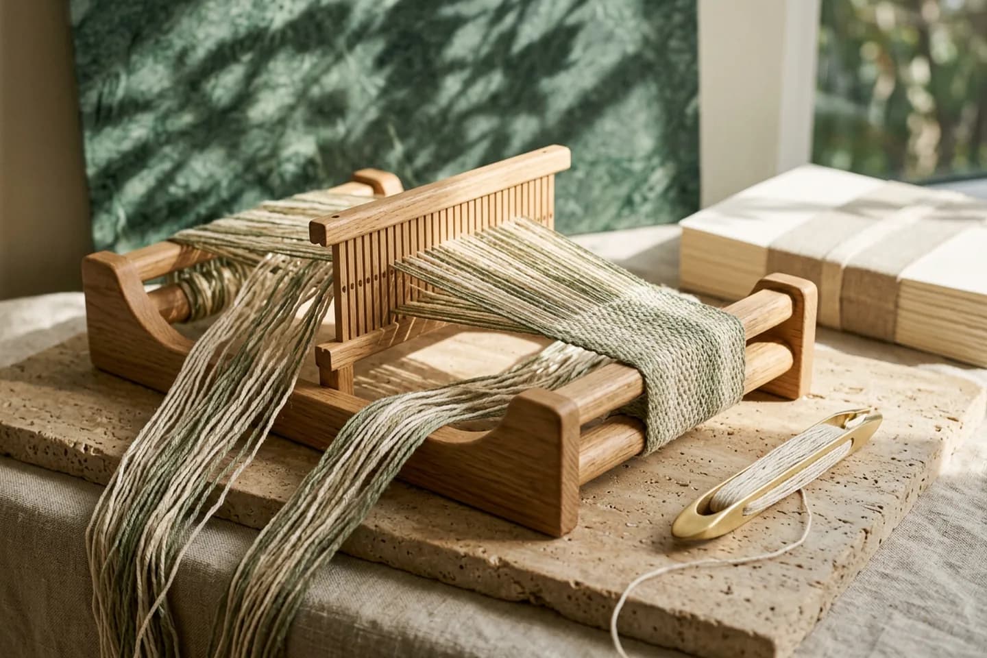 A small wooden loom in warm sunlight with many loose linen threads being gathered into one woven band, with a brass shuttle resting beside it.