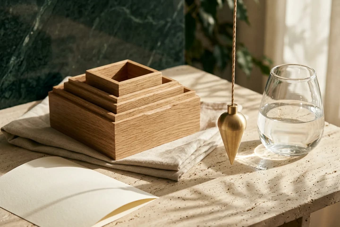 Nested oak boxes of descending size on linen beside a hanging brass plumb line, a glass vessel and a blank ivory sheet in warm sunlight.