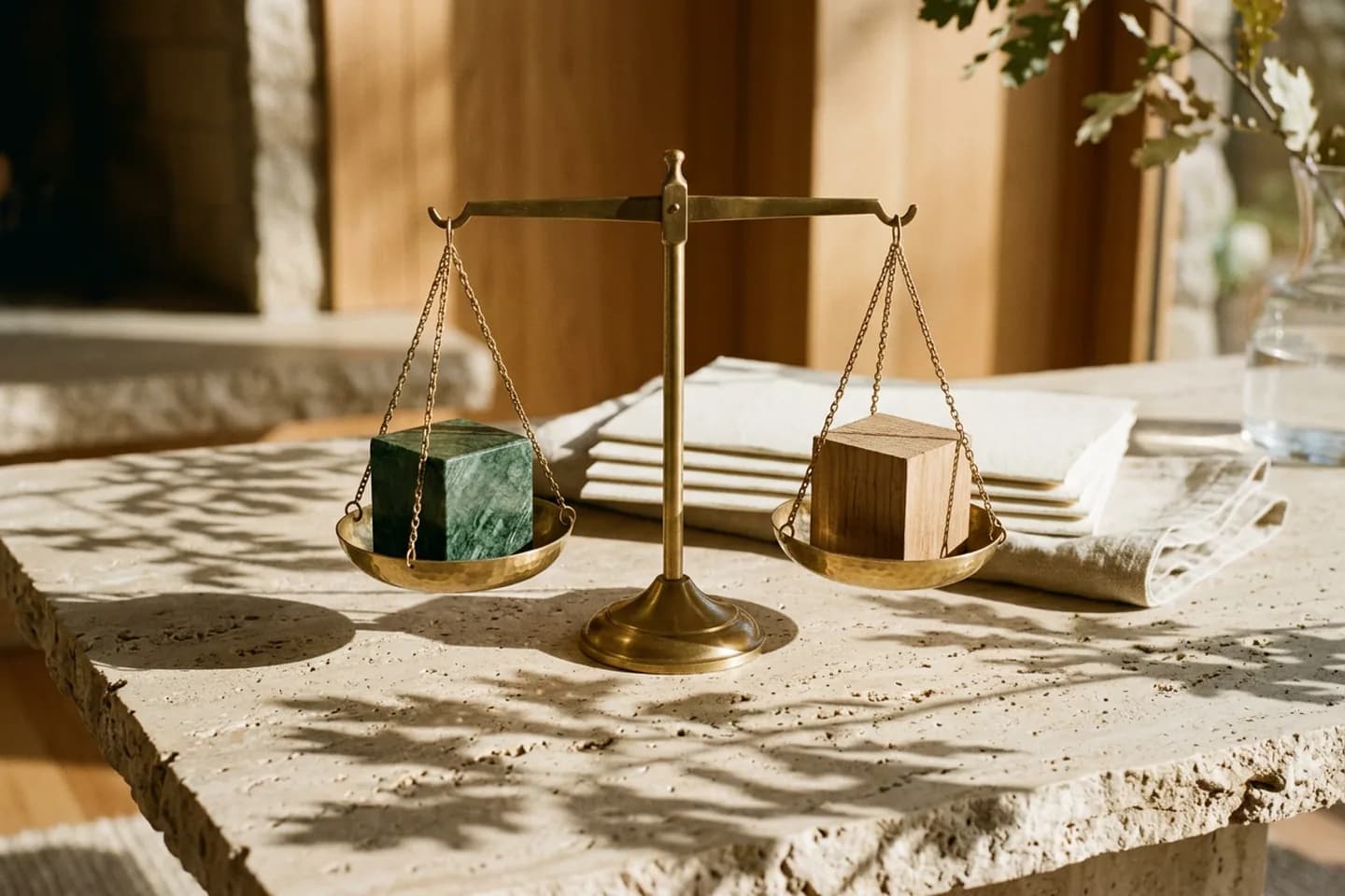 A brass balance scale on travertine with a green marble block and an oak block in its pans, next to folded ivory paper and linen.