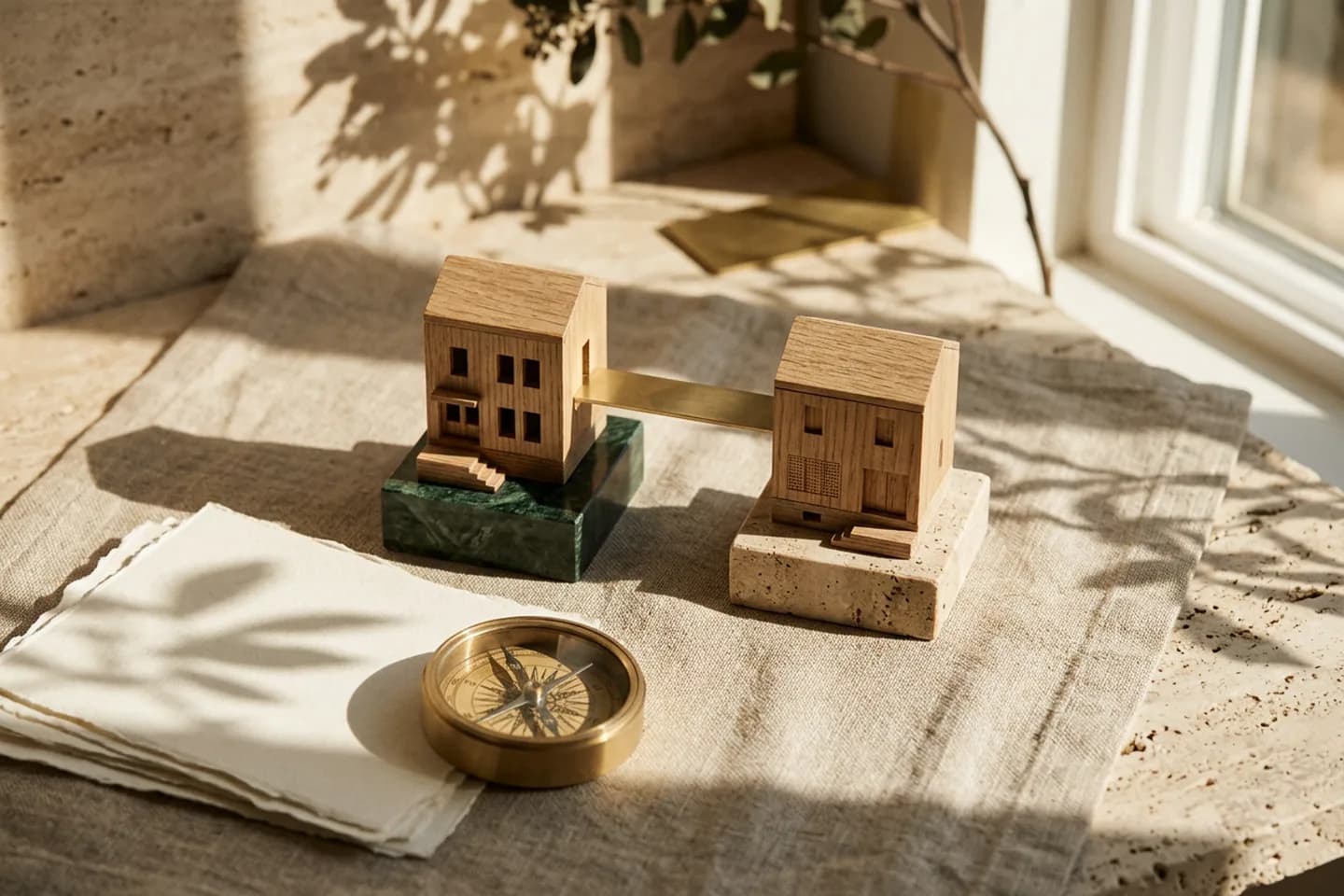 A tabletop architectural model of two oak buildings on marble and travertine plinths joined by a thin brass bridge, with a brass compass nearby.