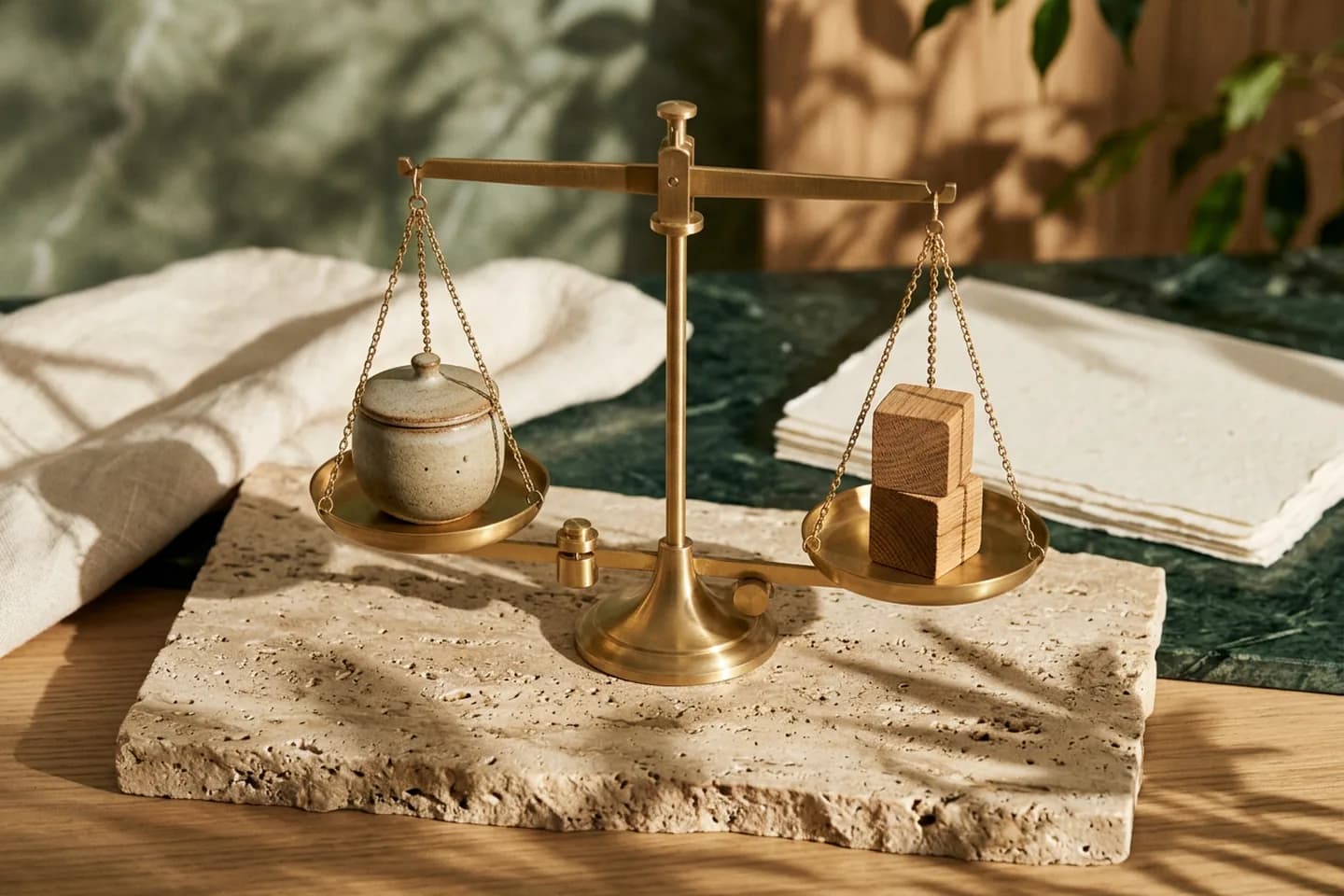 A brass balance scale on travertine with a ceramic vessel in one pan and stacked oak blocks in the other, nearly level in warm sunlight.