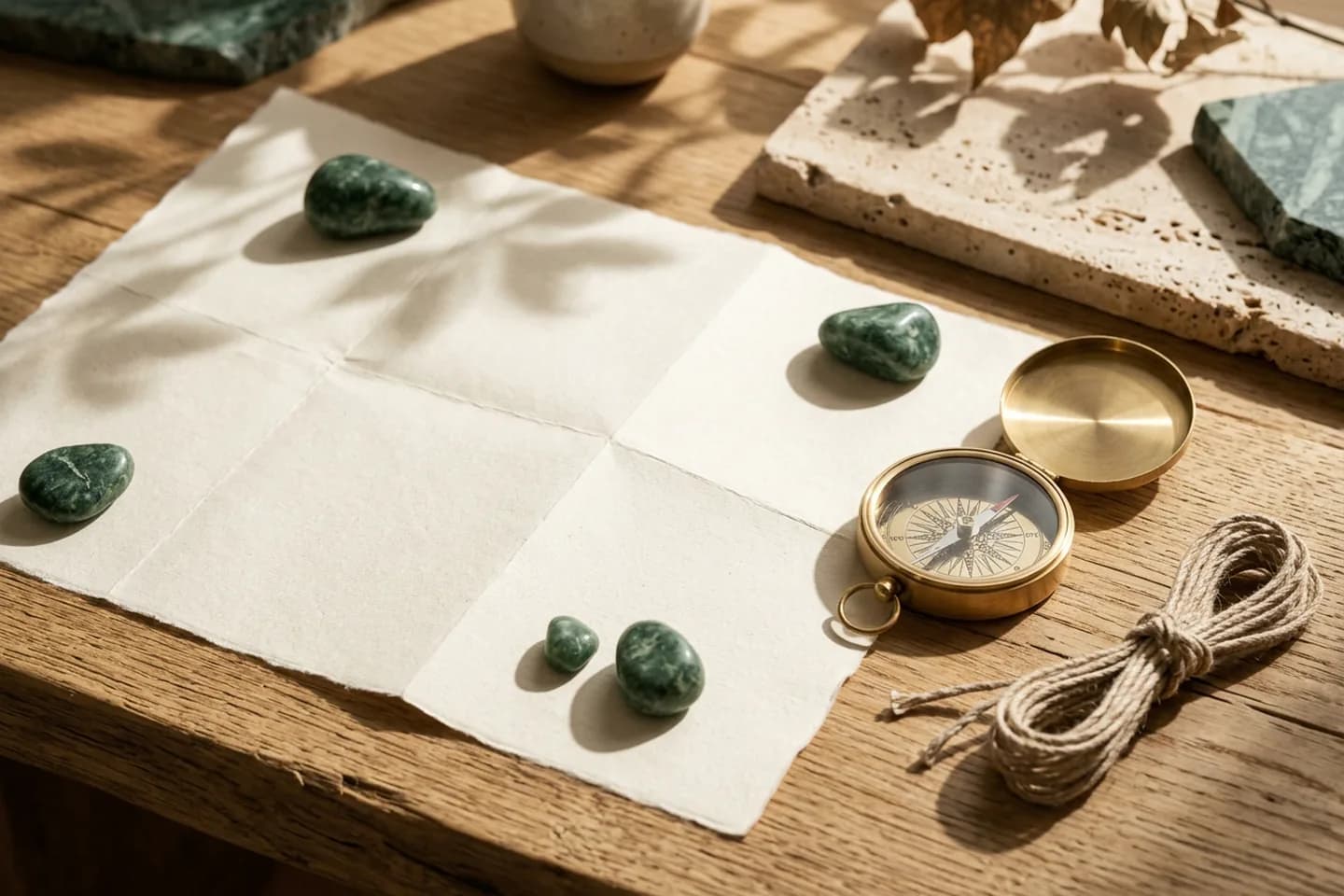 A blank folded map opened on an oak table with green marble stones placed across it and a brass compass resting beside it.