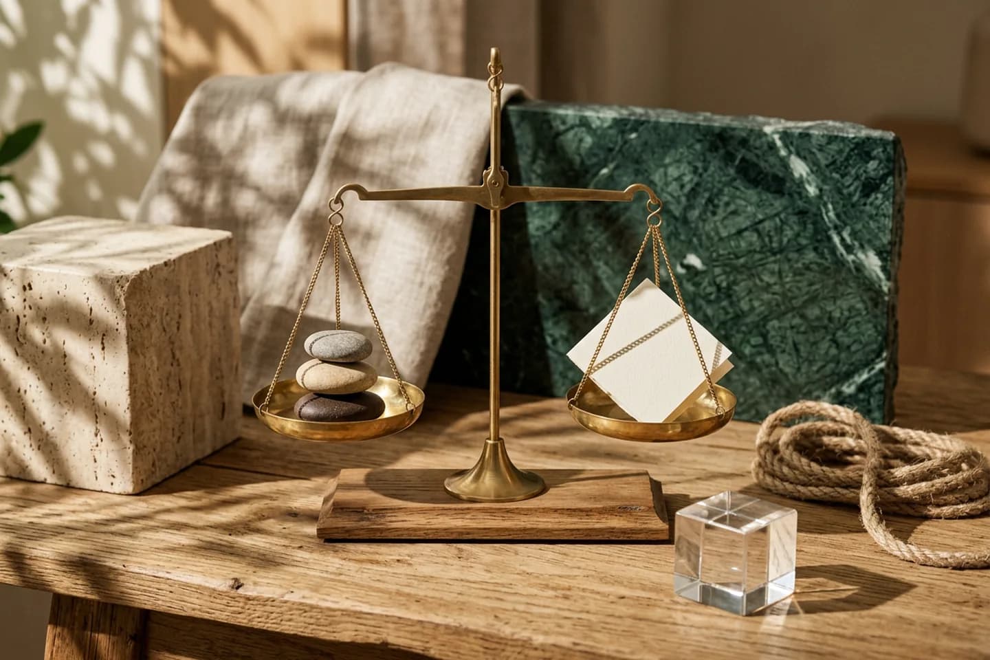 A brass balance scale on an oak surface with stacked stones in one pan and folded ivory paper in the other, next to a coil of rope and a glass cube.