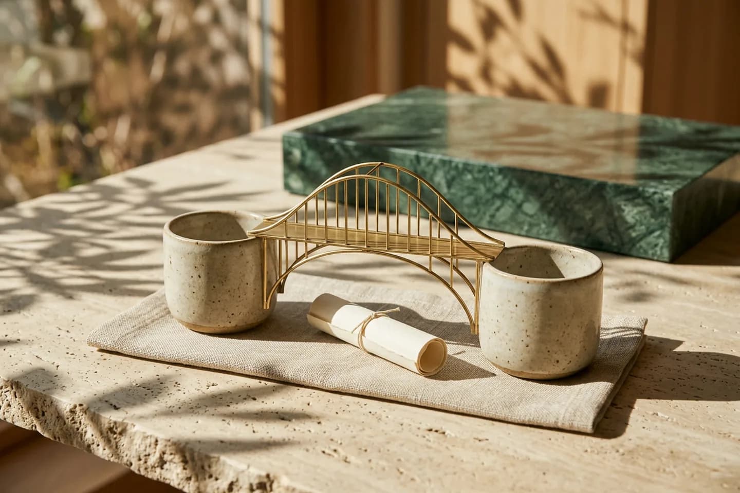 Two ceramic vessels on a travertine table joined by a small brass bridge model, with a rolled ivory paper and a green marble block behind them.