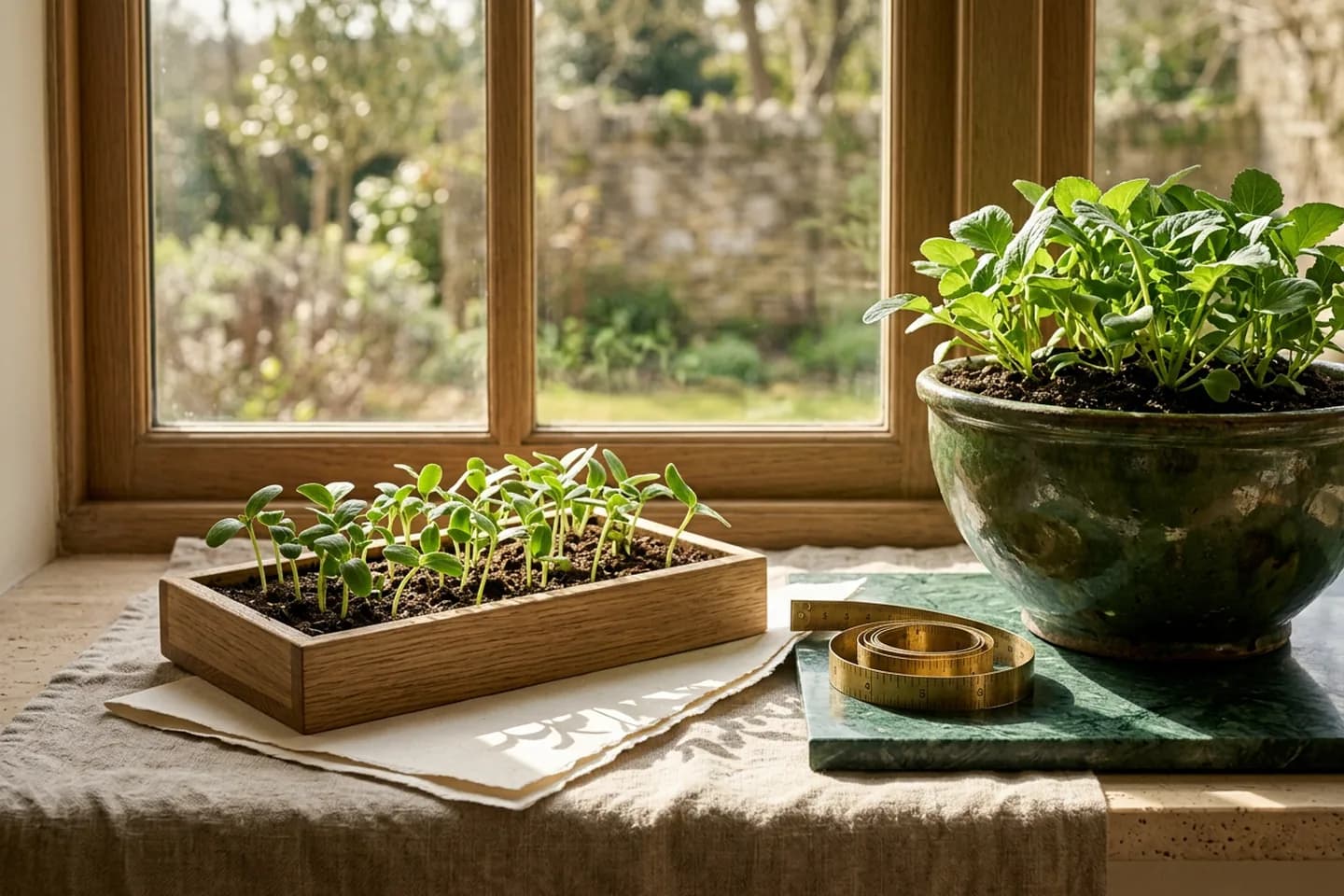 An oak seed tray of young seedlings next to a larger ceramic pot of the same grown plants, with a coiled brass measuring tape on a green marble slab in warm window light.