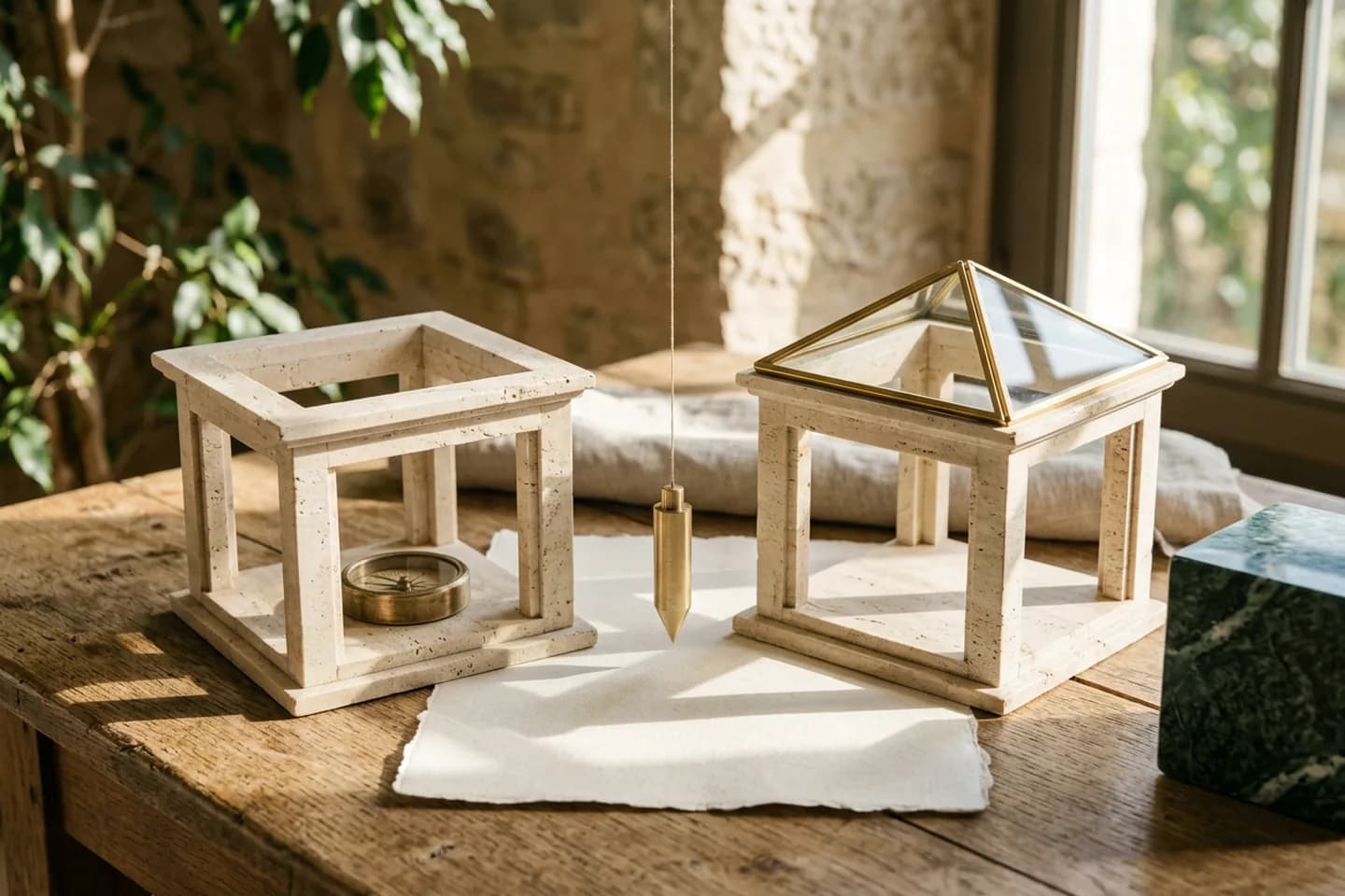 Two matching travertine pavilion models on an oak table, one with an open roof holding a brass compass and one with a glass roof, with a brass plumb line hanging between them.