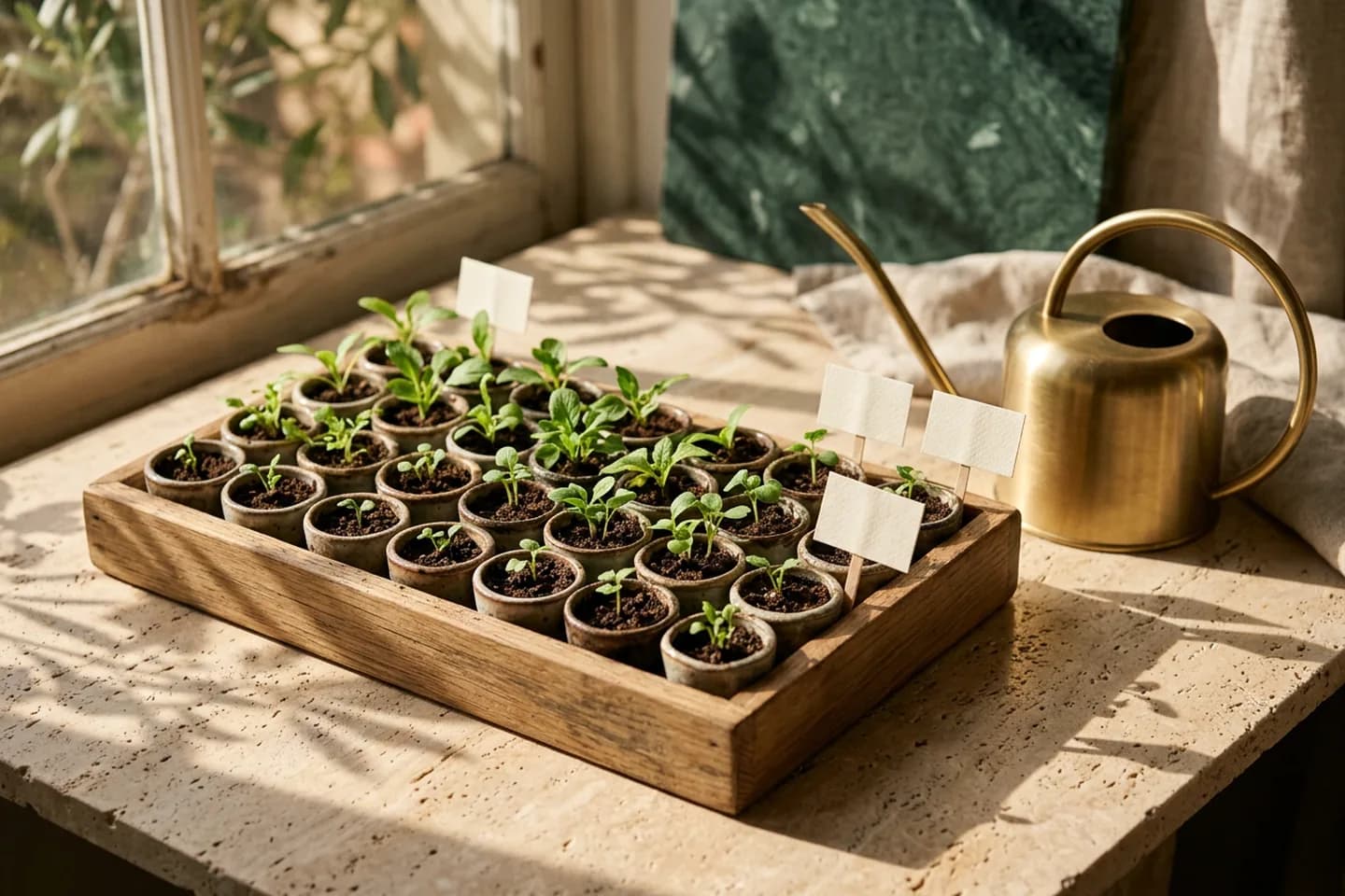 An oak seed tray of young green seedlings with blank ivory tags and a brass watering can on a travertine surface.