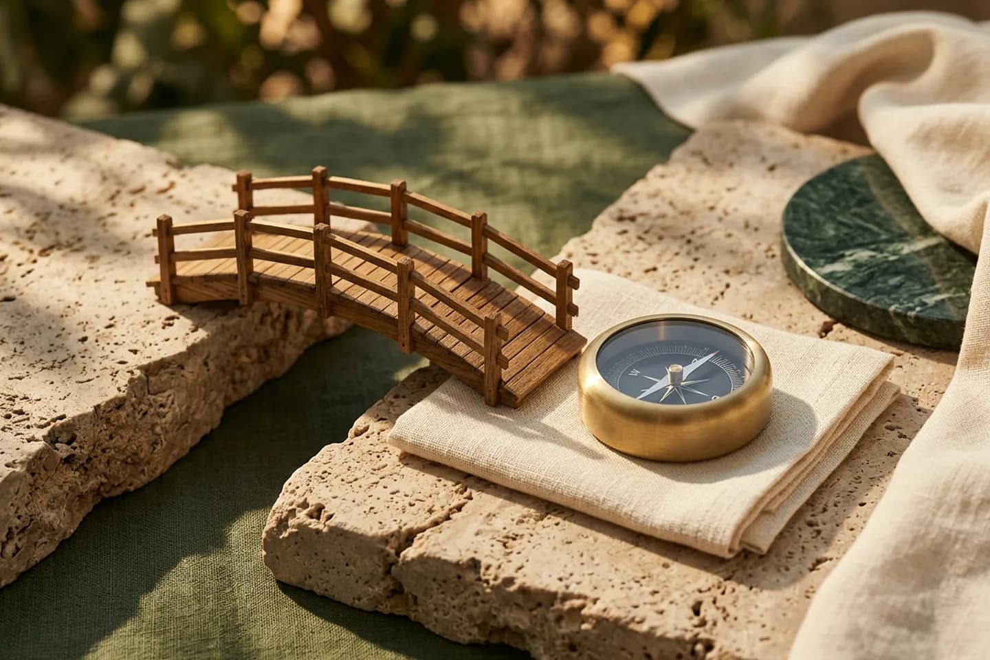 An oak bridge model crossing a gap between two travertine blocks, with a brass compass on folded linen at the far end.