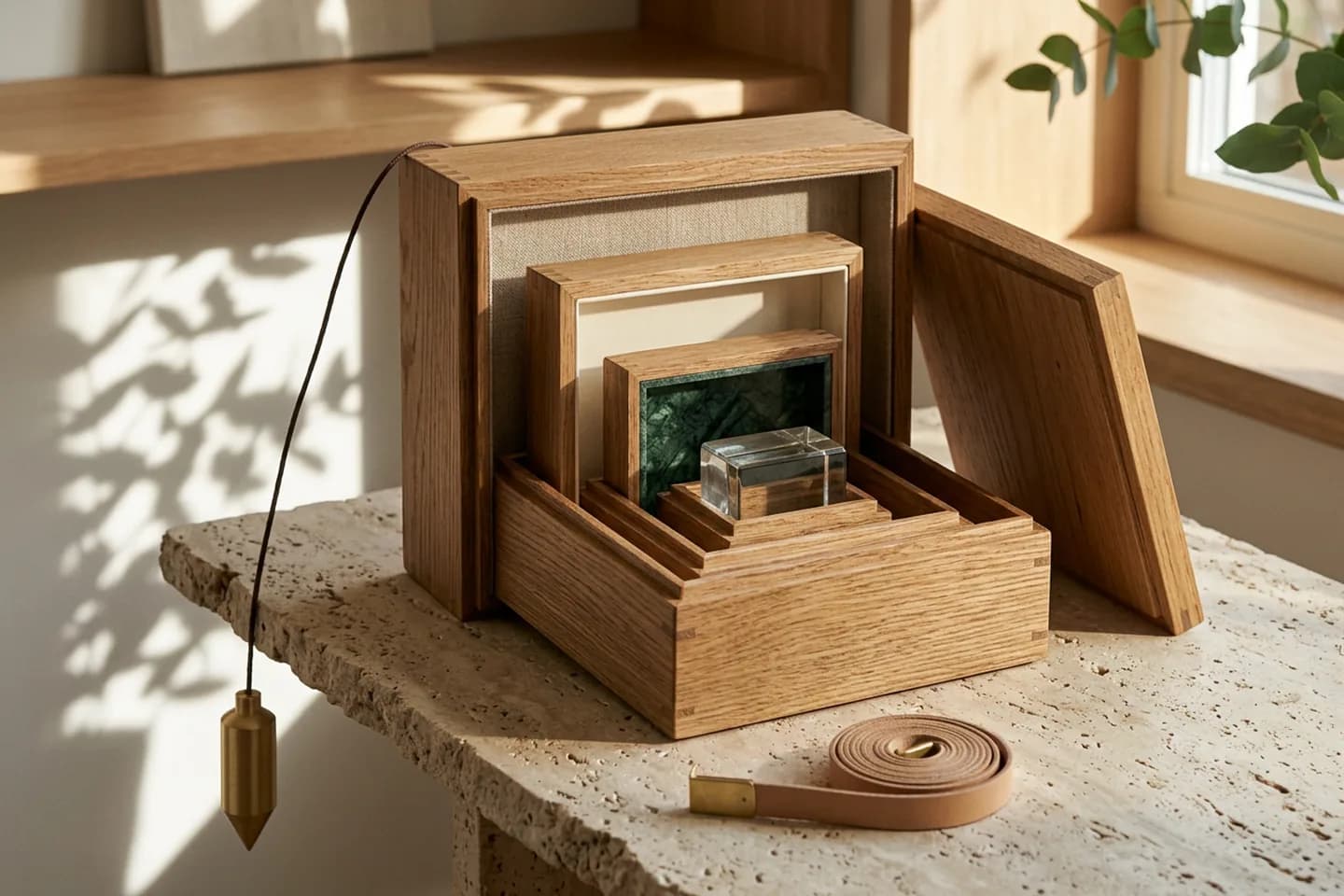Nested oak boxes with the lid lifted, revealing smaller boxes lined with linen, paper, green marble and glass, beside a coiled measuring tape on a travertine slab.