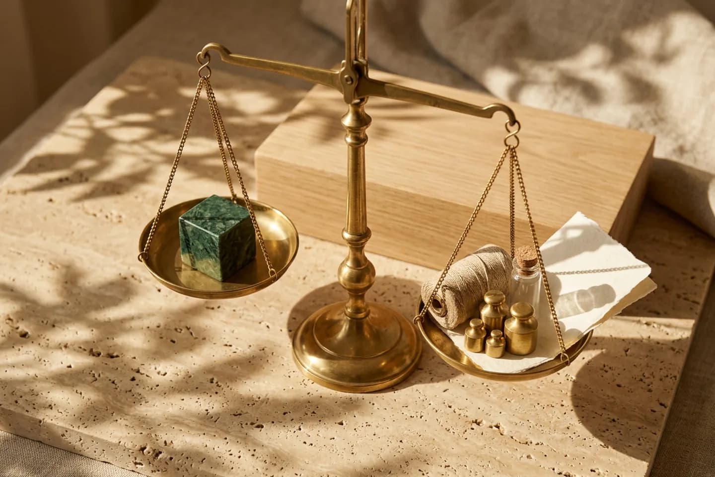 A brass balance scale on travertine with a single green marble cube on one pan outweighed by linen thread, brass weights, a glass vial and folded ivory paper on the other.