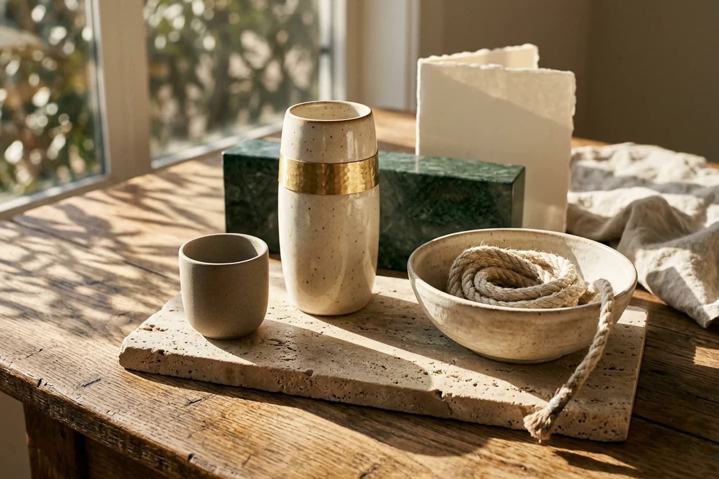Três vasos de cerâmica de tamanhos diferentes, uma xícara pequena, um vaso alto com faixa de latão e uma tigela larga com corda de linho enrolada, sobre uma laje de travertino sob luz solar quente.