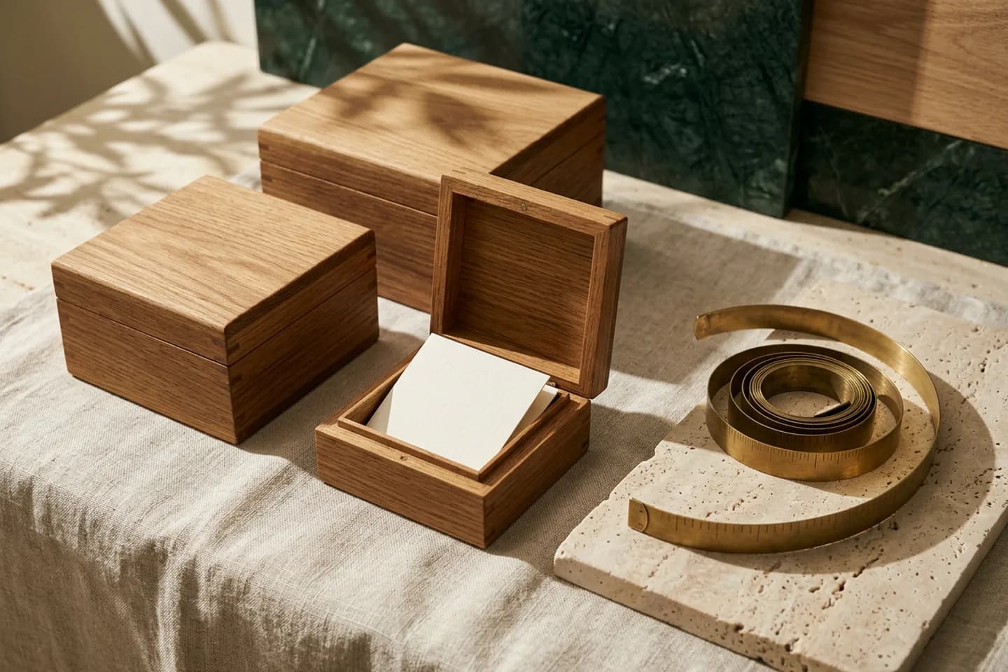 Three nested oak boxes on linen, the smallest open with a folded paper card inside, beside a coiled brass measuring tape on travertine.