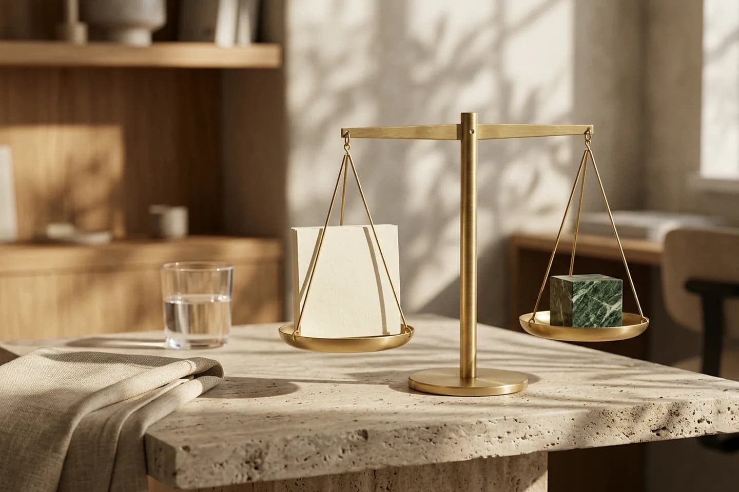 A level brass balance scale on travertine with a sheaf of ivory paper in one pan and a small green marble block in the other, lit by warm sunlight.