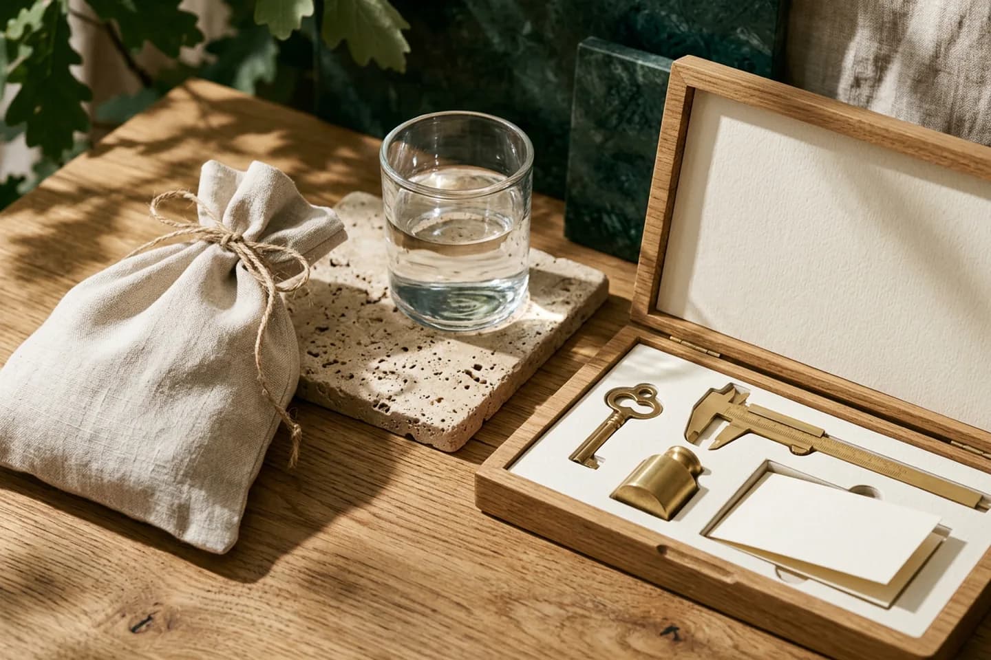 A plain tied linen sack sits beside an open fitted oak case whose separate compartments hold a brass key, weight and caliper, with a travertine tile and glass of water between them.