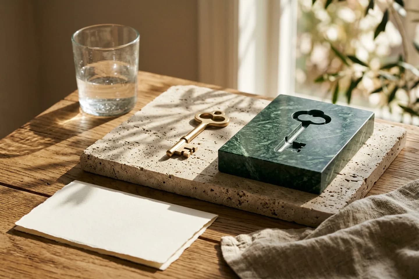 A brass key with a custom-cut bit rests on travertine next to a green marble block with a matching recess, with ivory paper, linen and a glass nearby in warm sunlight.